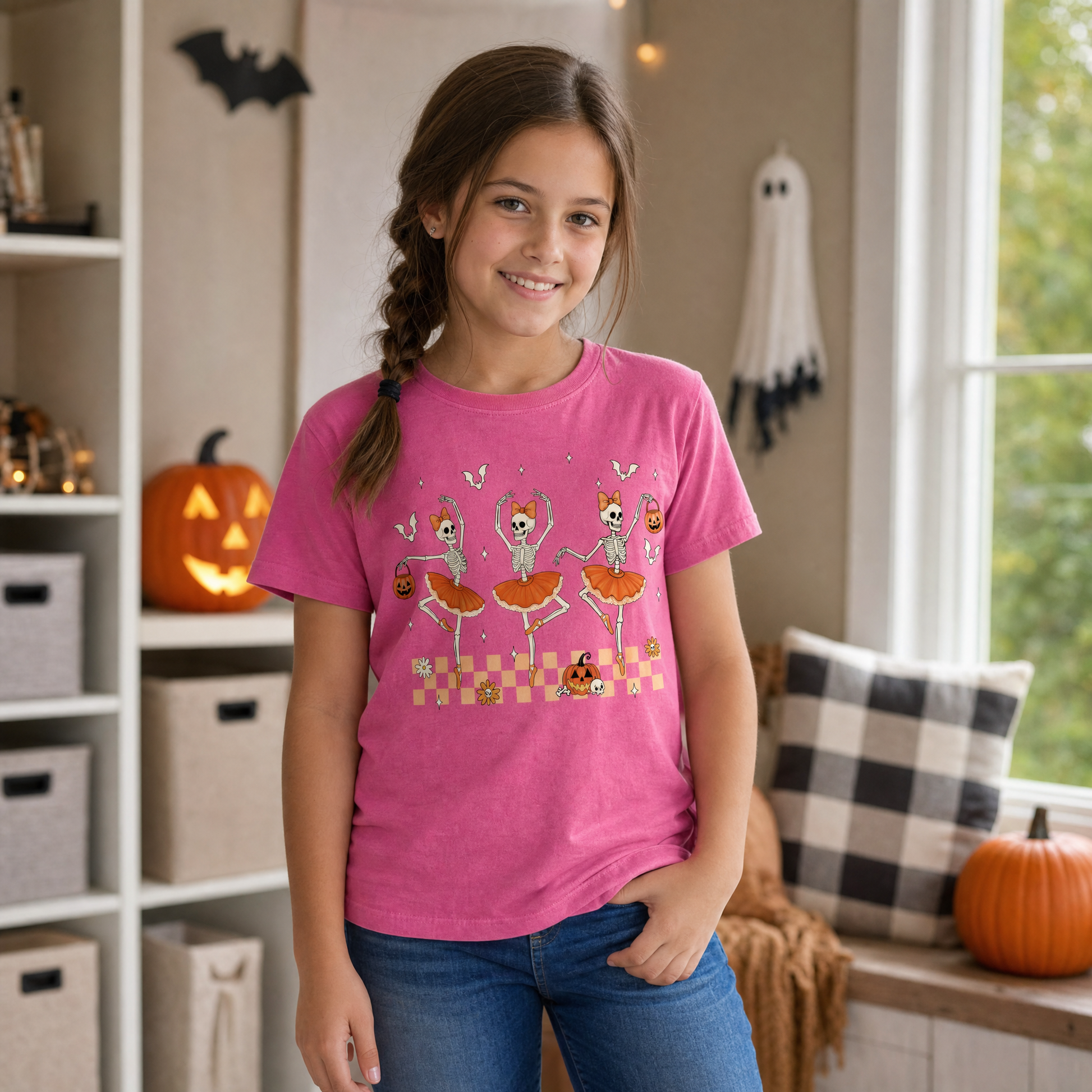 Model wearing the Ballerina Skeletons youth comfort colors tee in Crunchberry