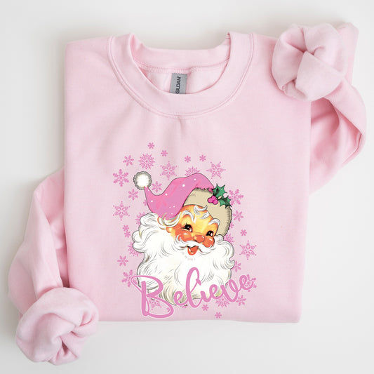 Believe, Pink Santa, Snowflakes, Christmas, Winter, Snow, Xmas Sweatshirt