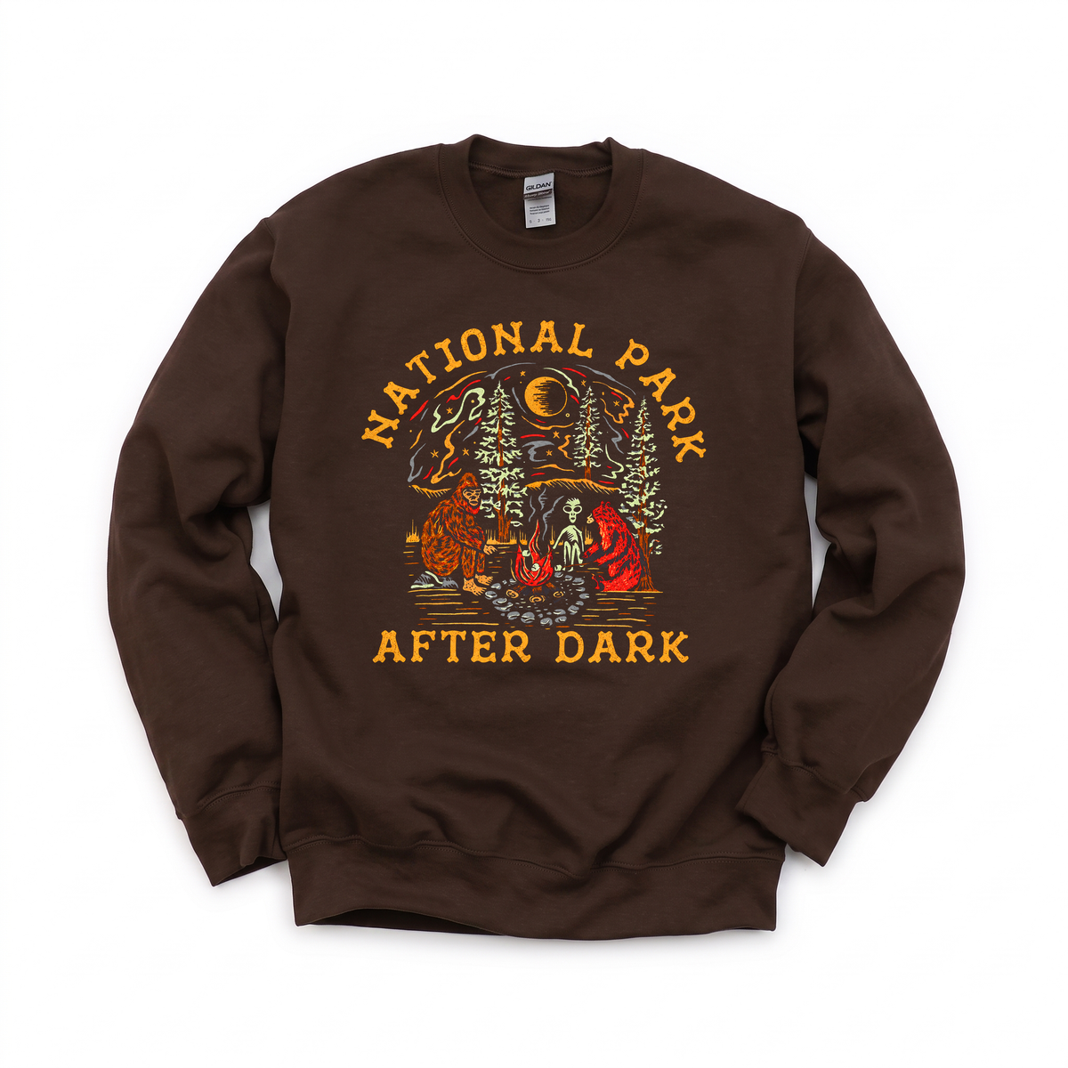 Bigfoot Bear Alien Campfire graphic on Gildan 18000 in Dark Chocolate