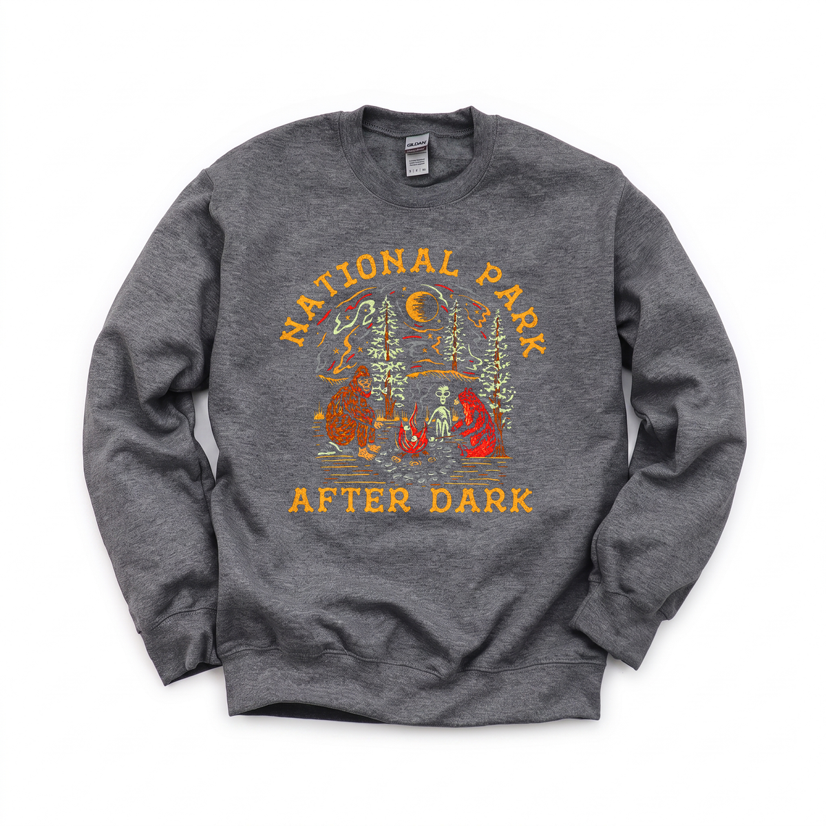 Bigfoot Bear Alien Campfire graphic on Gildan 18000 in Dark Heather