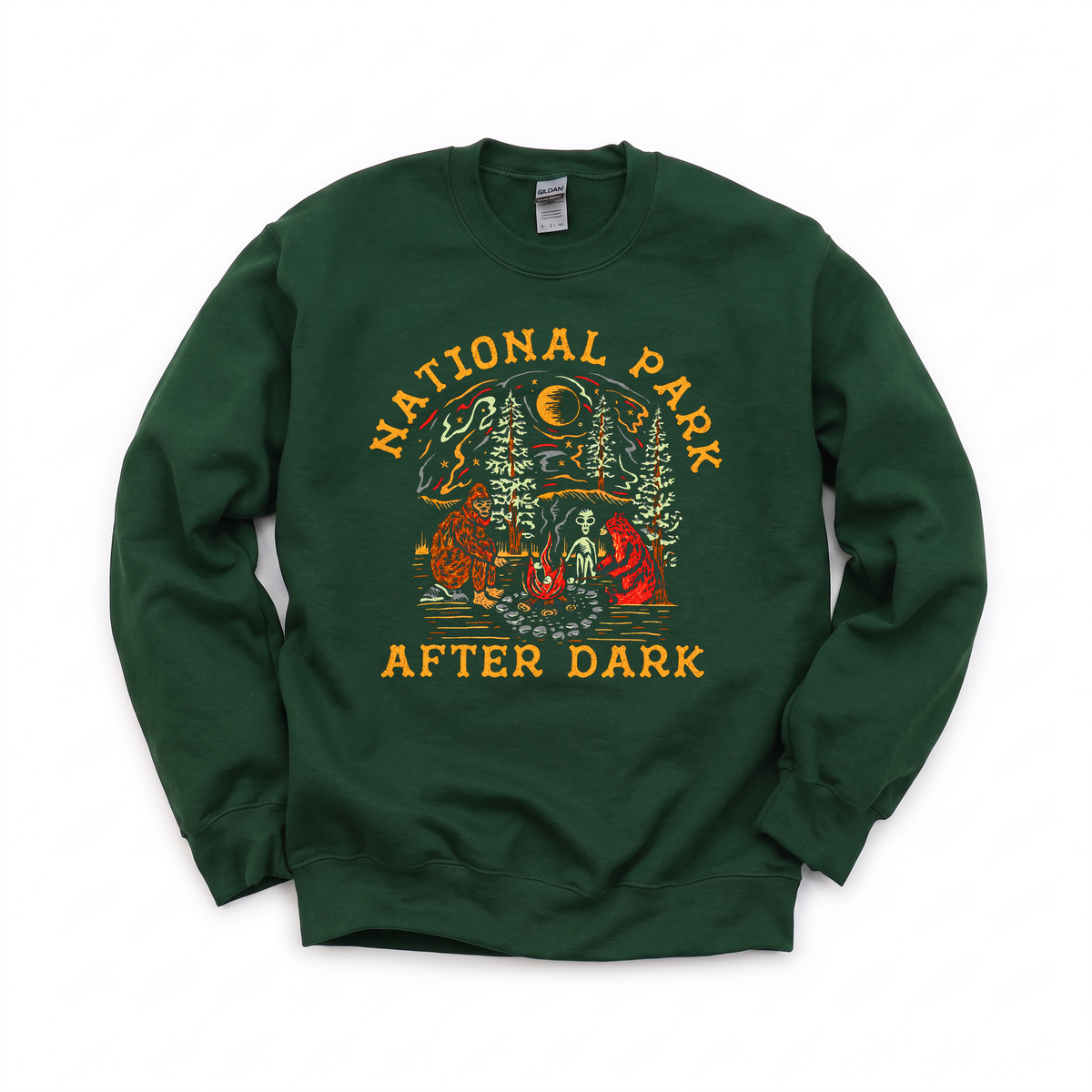 Bigfoot Bear Alien Campfire graphic on Gildan 18000 in Forest Green