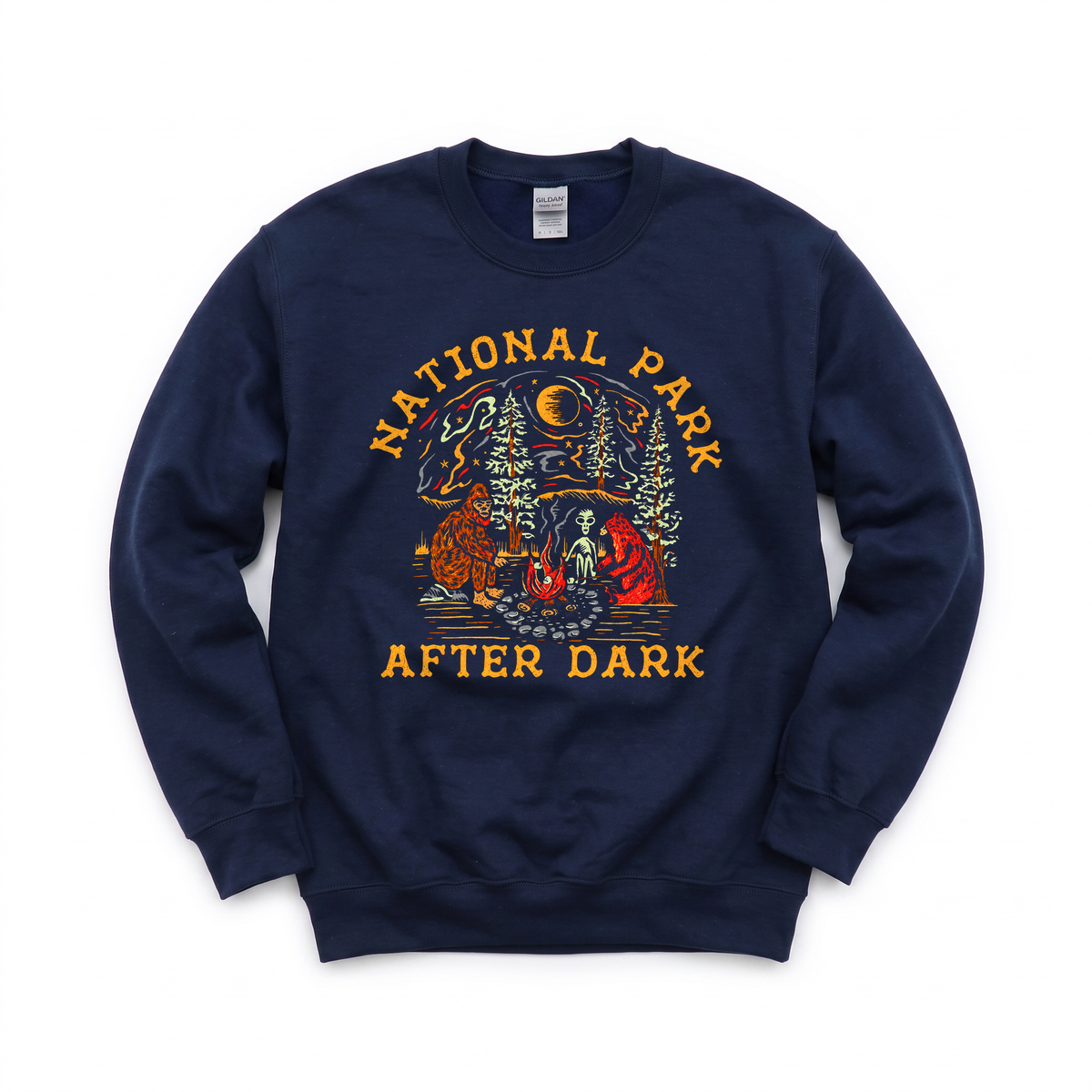 Bigfoot Bear Alien Campfire graphic on Gildan 18000 in Navy