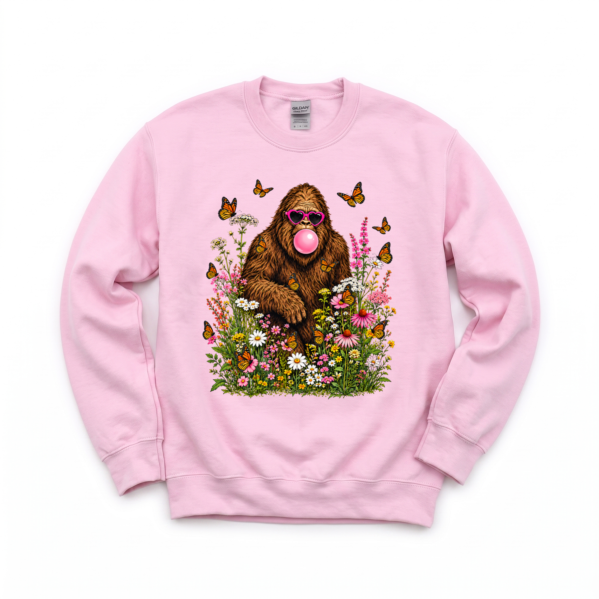 Bigfoot Bubble Gum graphic on Gildan 18000 in Light Pink