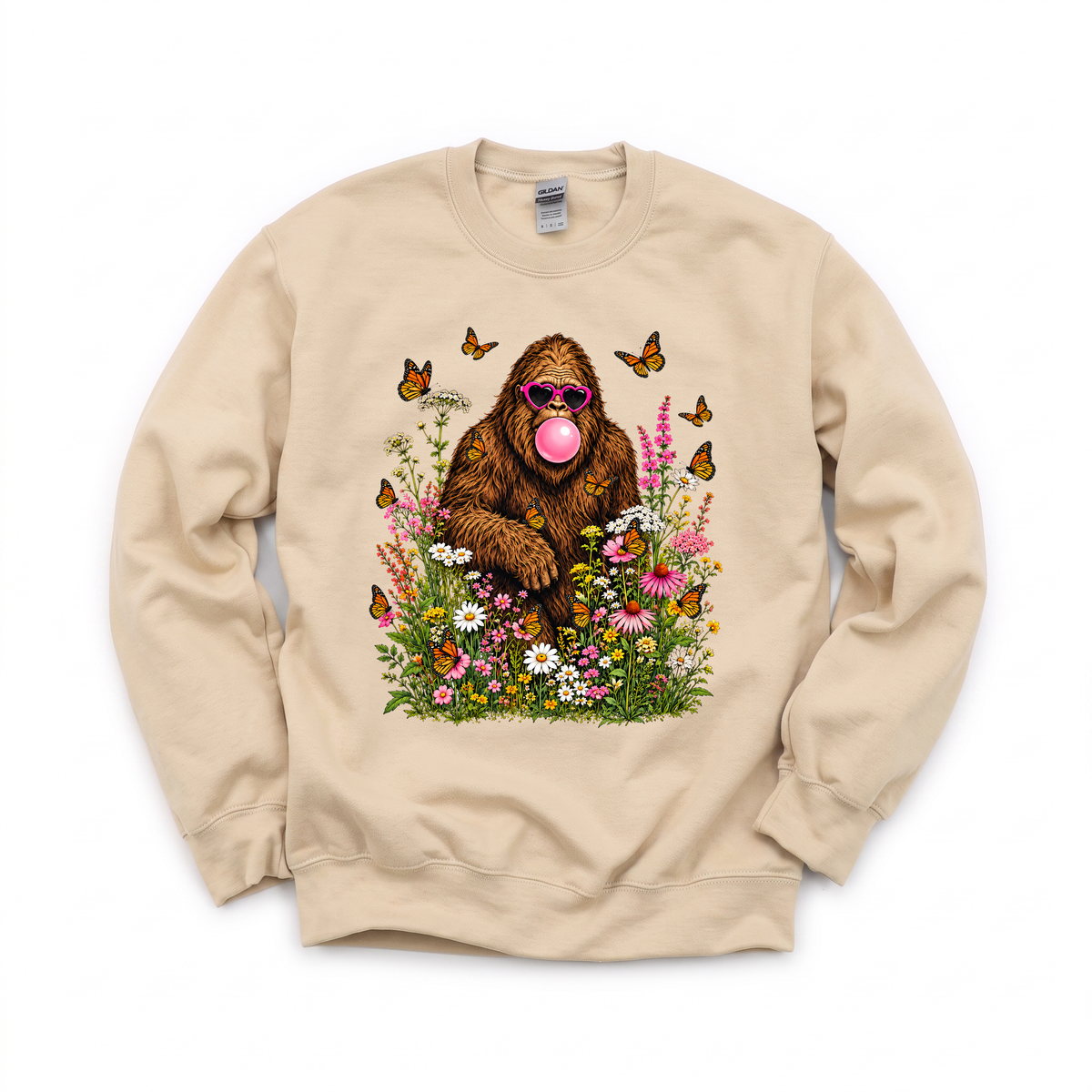 Bigfoot Bubble Gum graphic on Gildan 18000 in Sand
