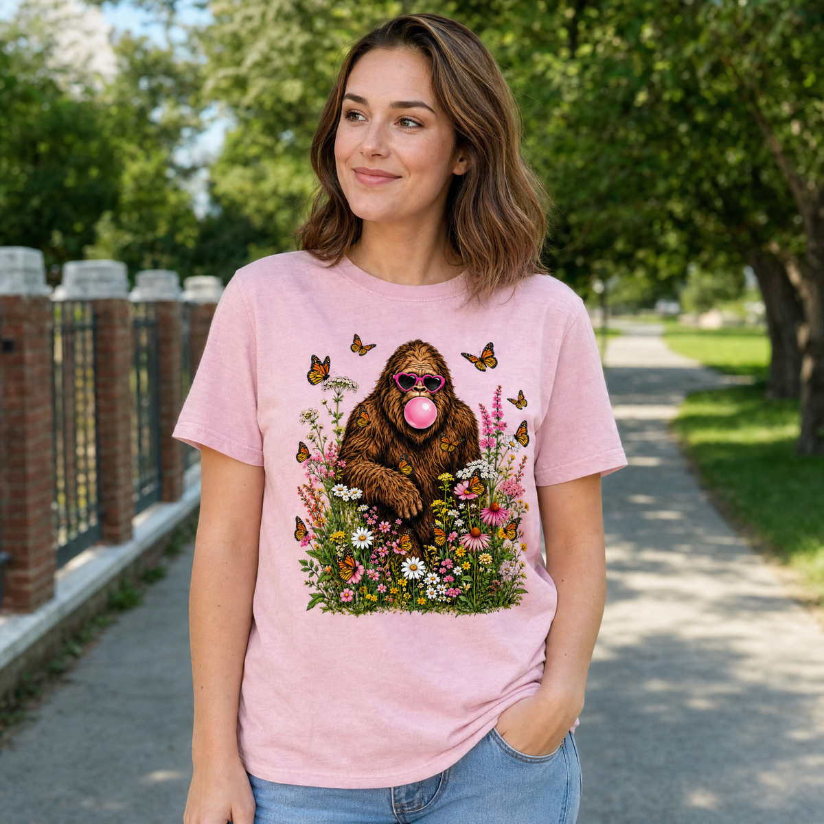 Model wearing the Bigfoot Bubble Gum comfort colors tee in Blossom