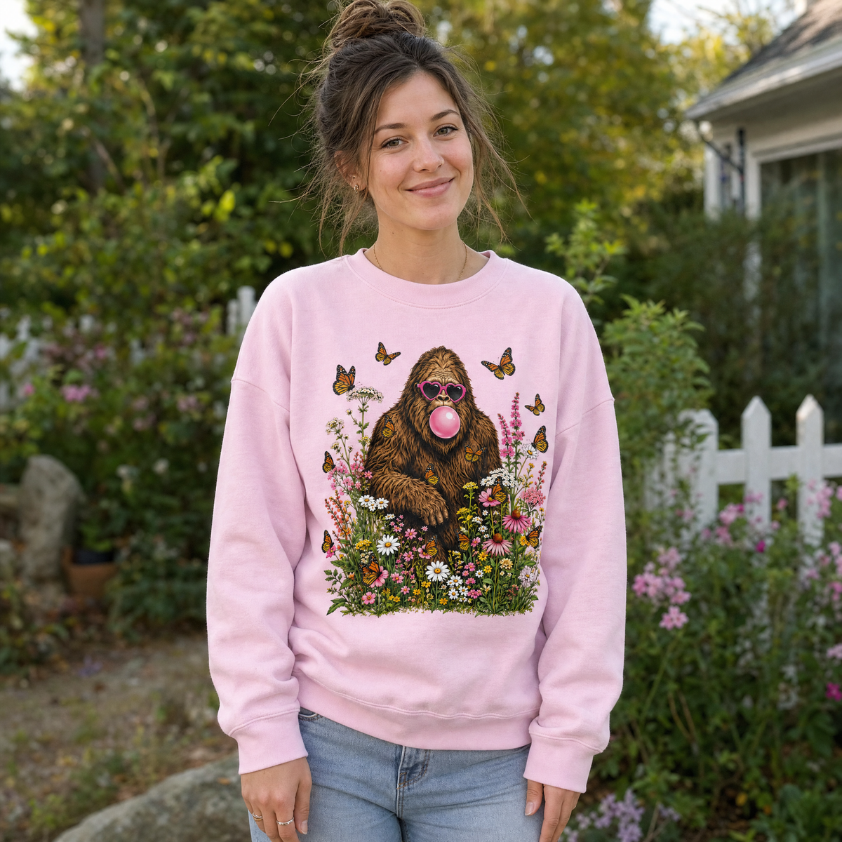 Model wearing the Bigfoot Bubble Gum sweatshirt in Light Pink