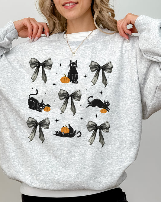 Black Cat, Coquette Ribbons and Bows, Halloween, Cute, Girly, Autumn, Fall Sweatshirt