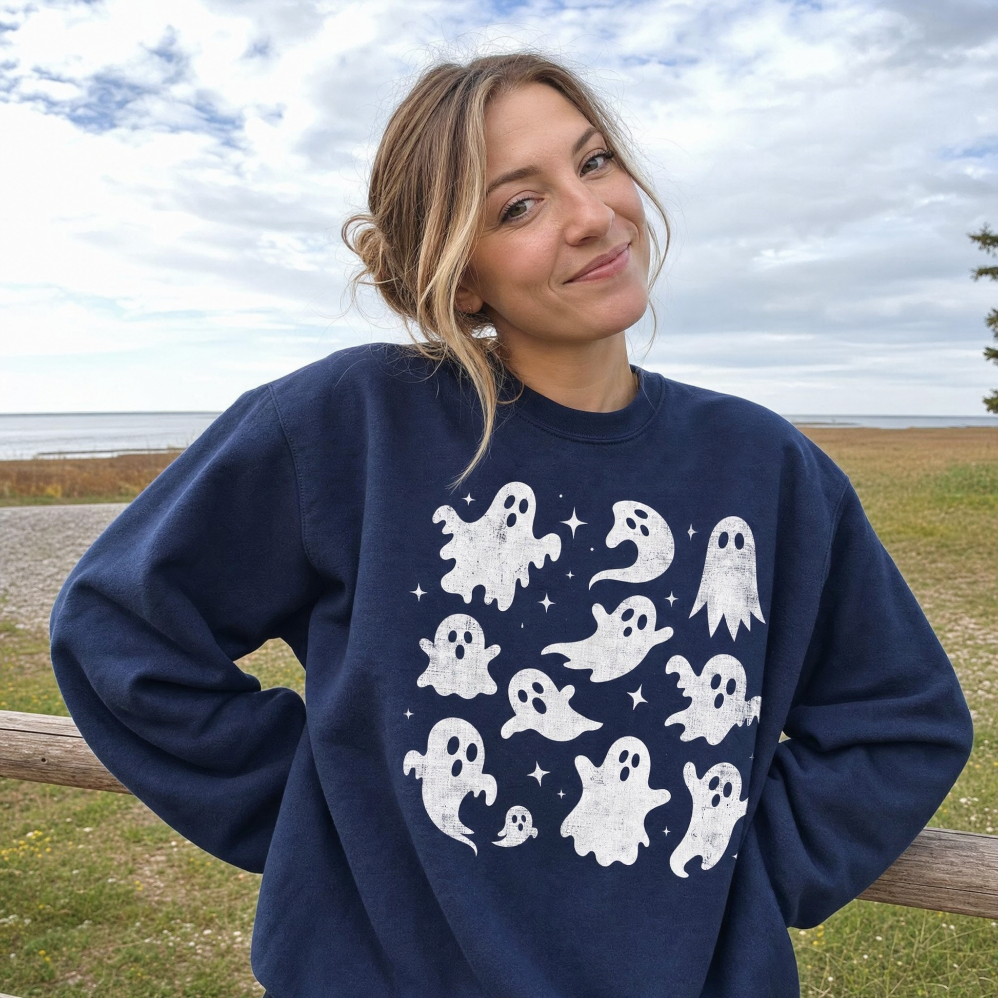 Model wearing the Blank Canvas sweatshirt in Navy