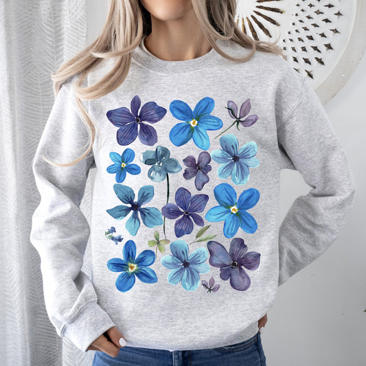 Bold Floral Blues, Pressed Flowers, Nature Sweatshirt