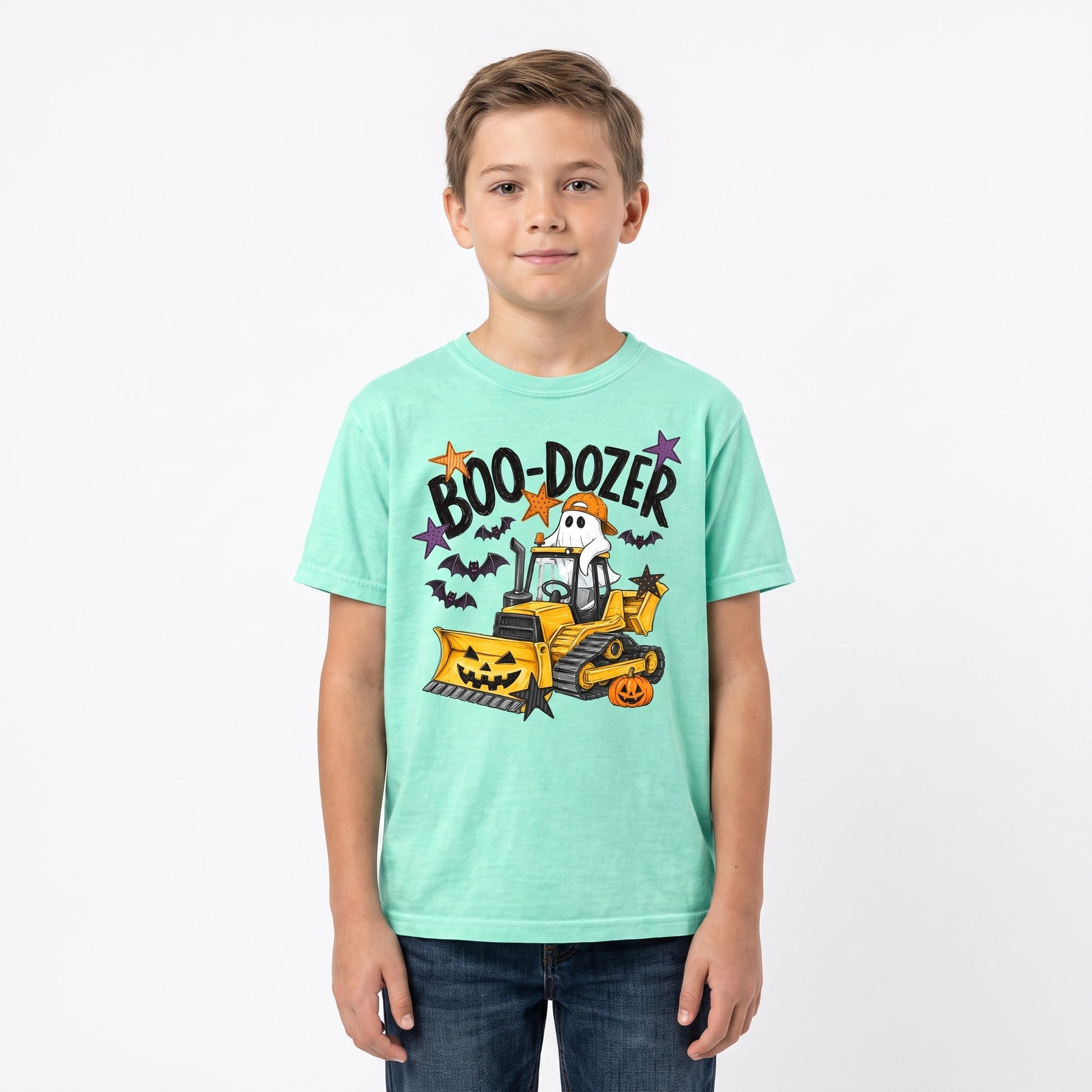 Model wearing the Boo-Dozer Ghost youth comfort colors tee in Island Reef, cover image 1