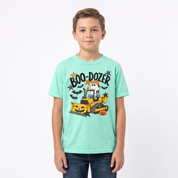 Model wearing the Boo-Dozer Ghost youth comfort colors tee in Island Reef, cover image 1