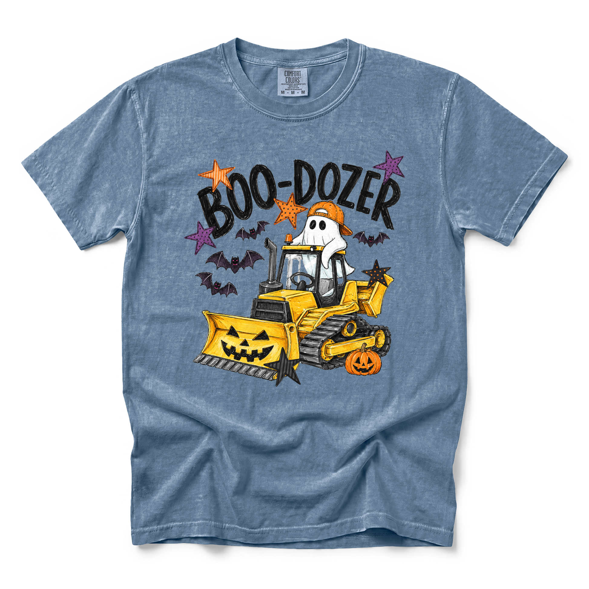 Boo-Dozer Ghost graphic on Comfort Colors 9018 Youth Midweight Tee in Blue Jean