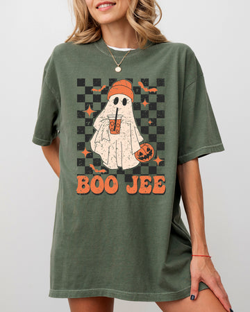 Boo-Jee Ghost, Checkered, Retro, Halloween, Coffee Drink Shirt Comfort Colors T-Shirt