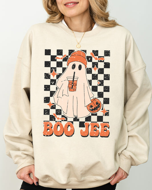 Boo-Jee Ghost, Checkered, Retro, Halloween, Coffee Drink Sweatshirt