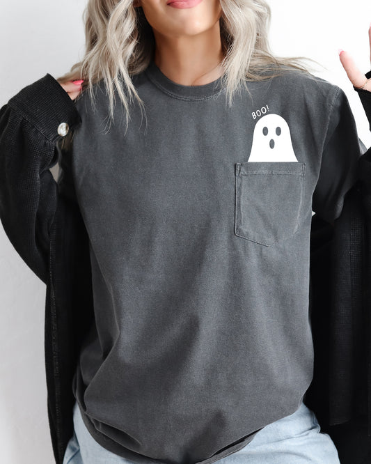 Boo Ghost Halloween Pocket, Cute, Skeleton, Ghost Tee