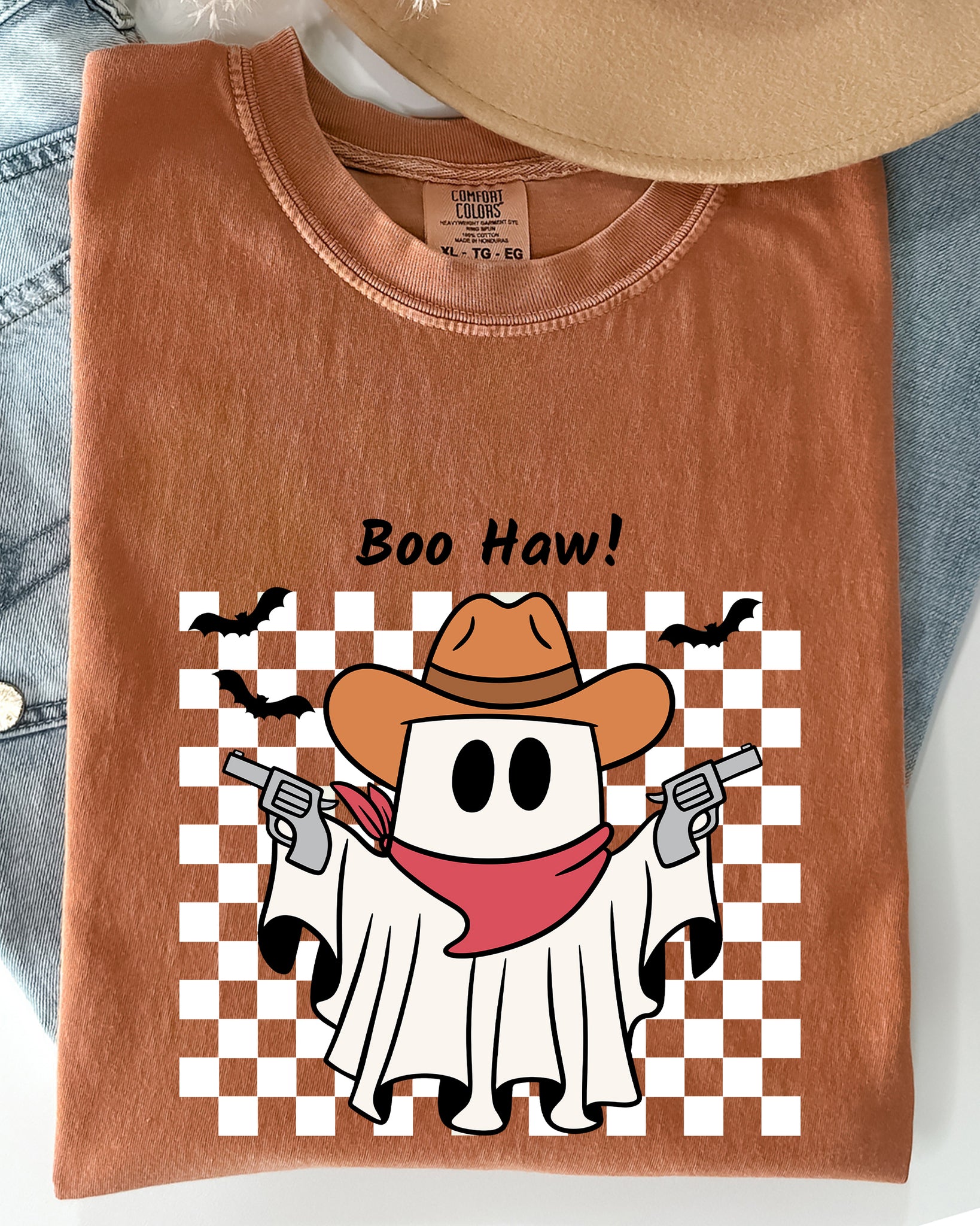 Boo Haw, Cowboy Ghost, Checkered, Western, Halloween Shirt Comfort Colors T-Shirt