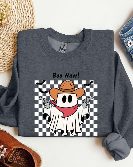 Boo Haw, Cowboy Ghost, Checkered, Western, Halloween Sweatshirt