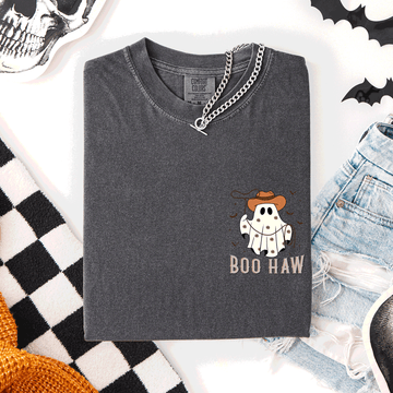Boo Haw Lasso Cowboy Western Country Halloween Pocket Distressed Print Edition Comfort Colors Tee