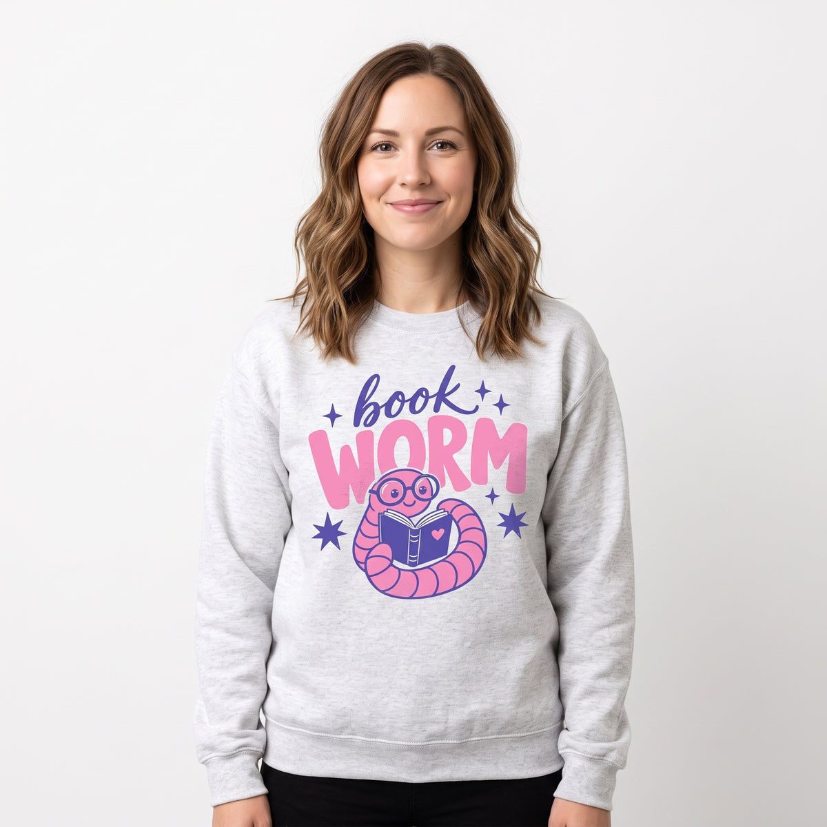Model wearing the Book Worm sweatshirt in Ash, cover image 1