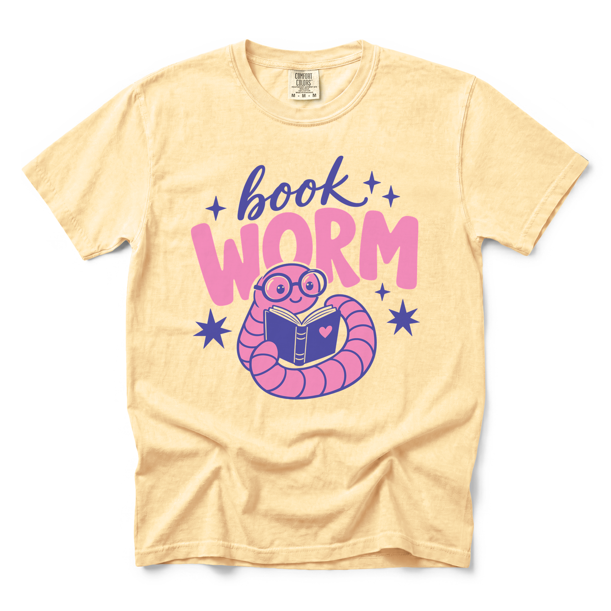 Book Worm graphic on Comfort Colors 1717 in Butter