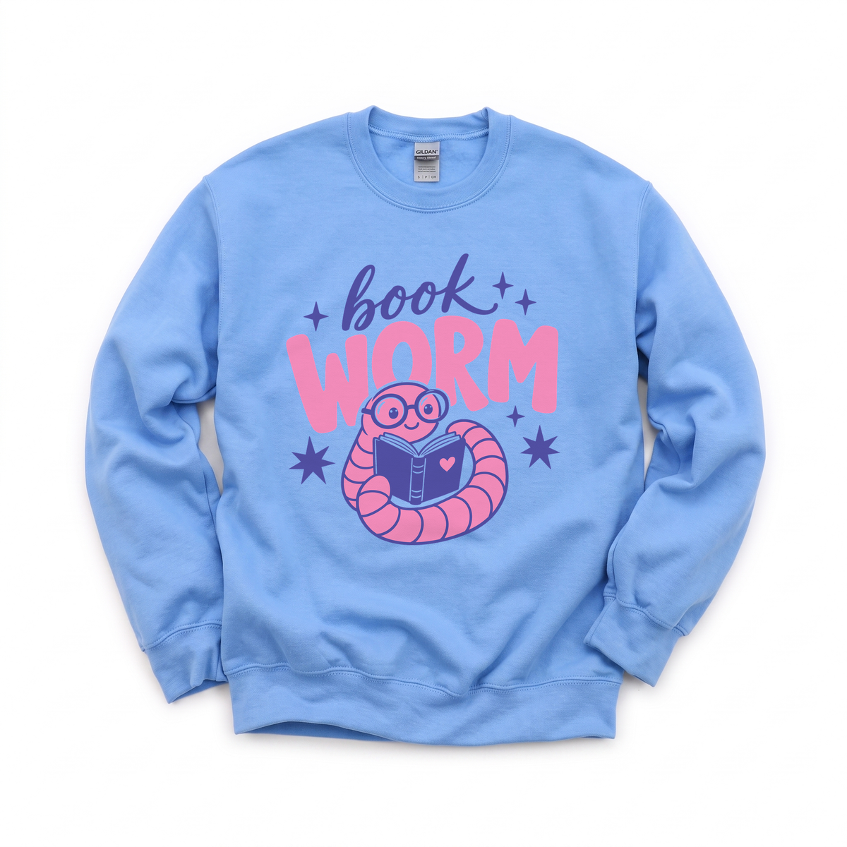 Book Worm graphic on Gildan 18000 in Carolina Blue