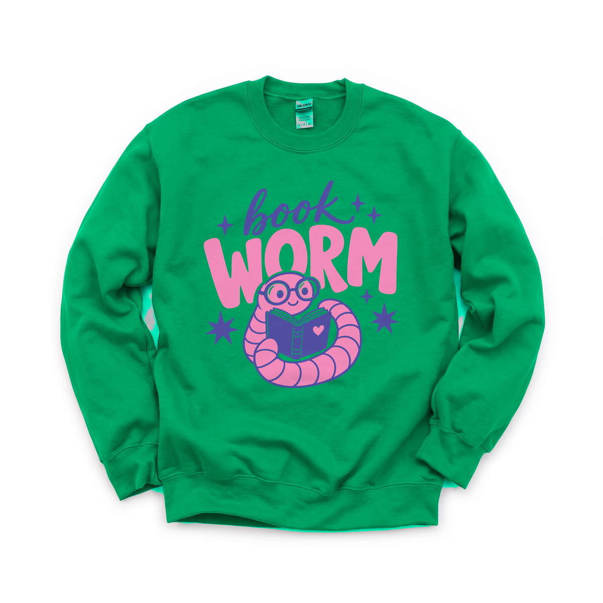 Book Worm graphic on Gildan 18000 in Irish Green