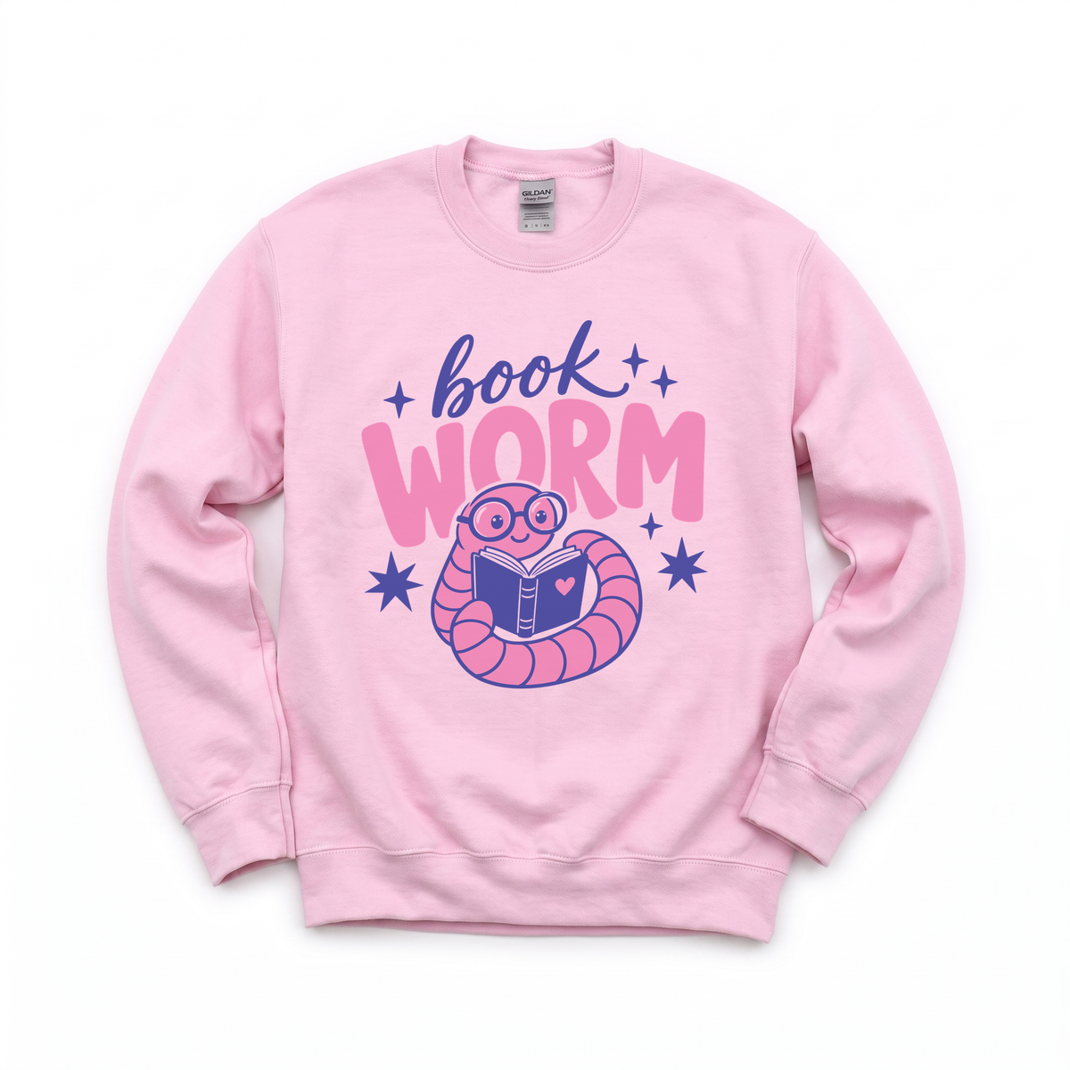 Book Worm graphic on Gildan 18000 in Light Pink