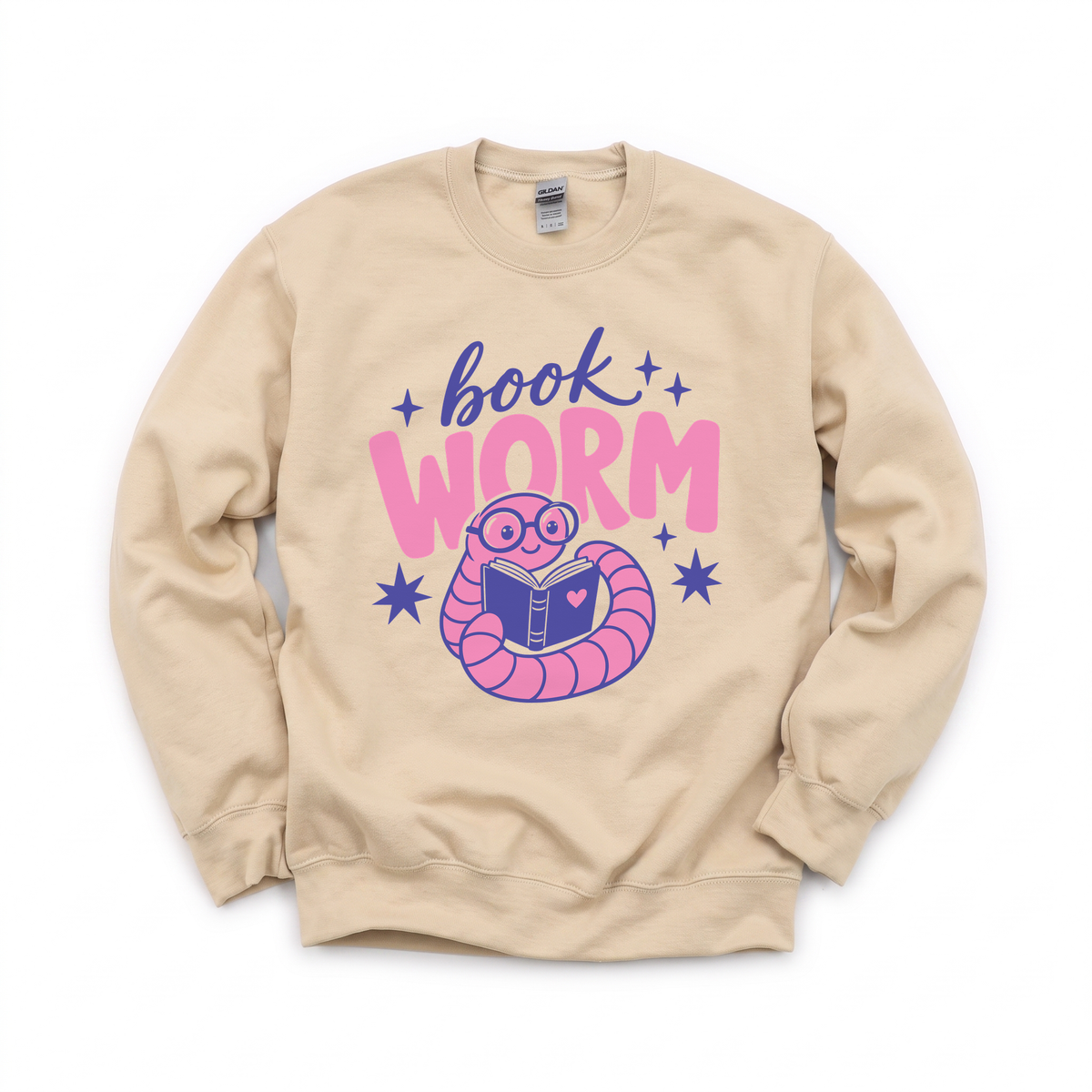 Book Worm graphic on Gildan 18000 in Sand