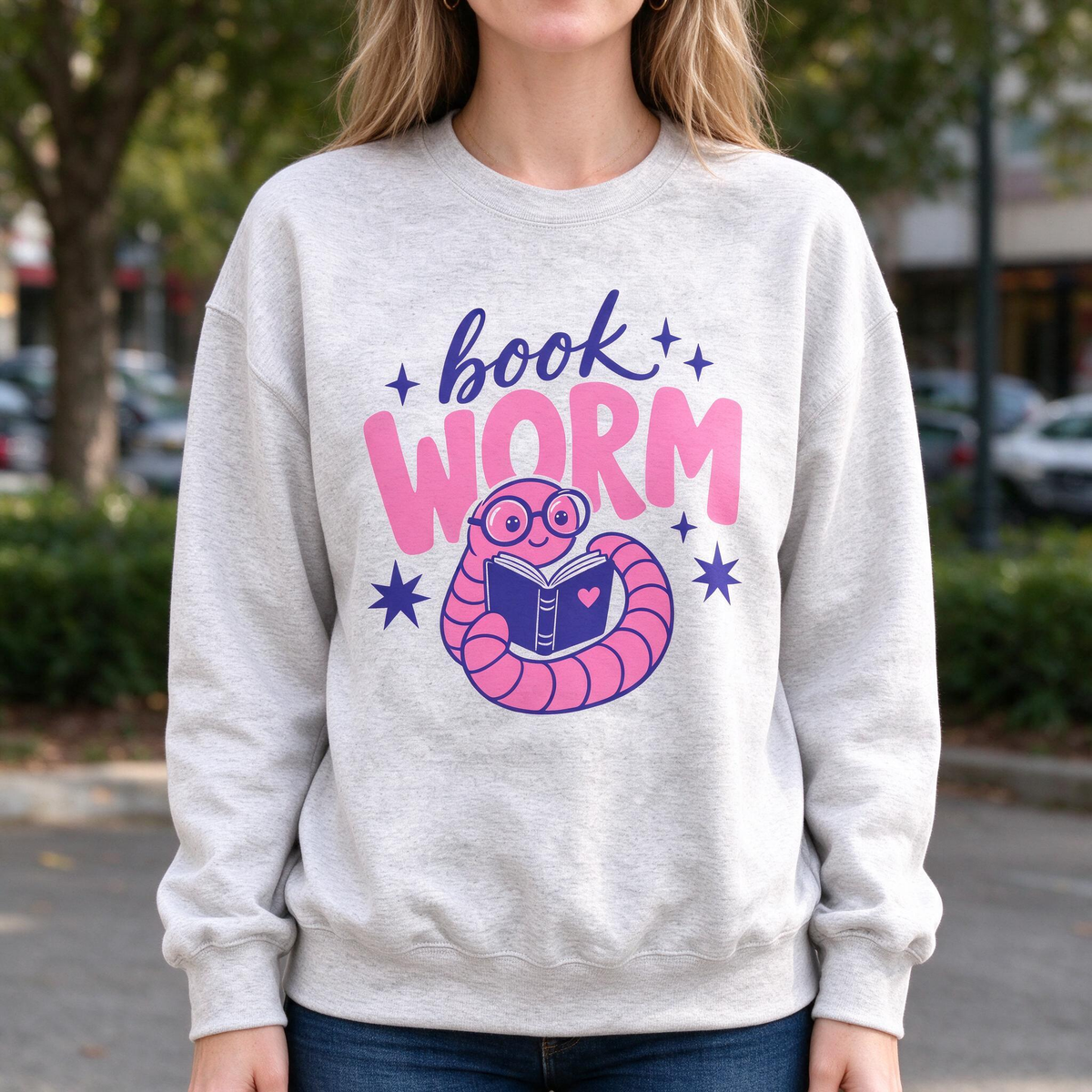 Model wearing the Book Worm sweatshirt in Ash, lifestyle image 1