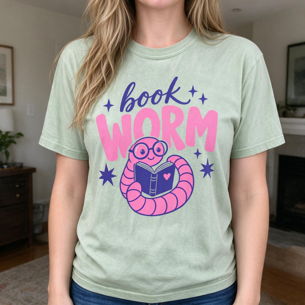 Model wearing the Book Worm comfort colors tee in Bay