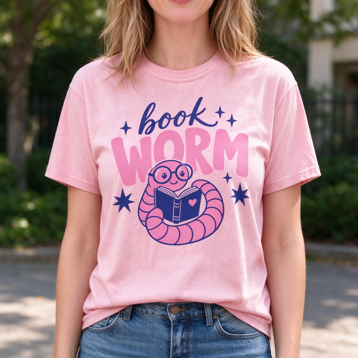Model wearing the Book Worm comfort colors tee in Blossom