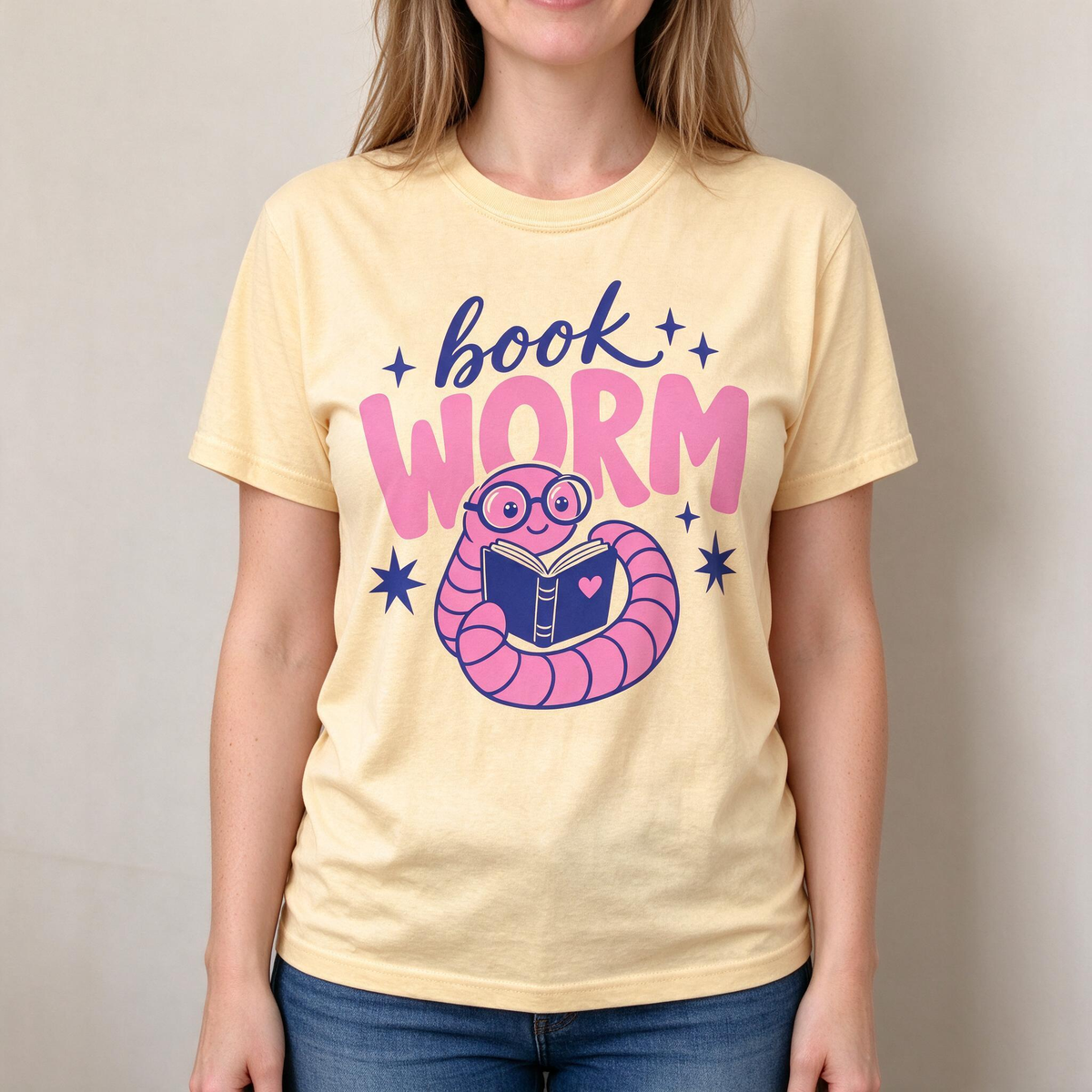 Model wearing the Book Worm comfort colors tee in Butter