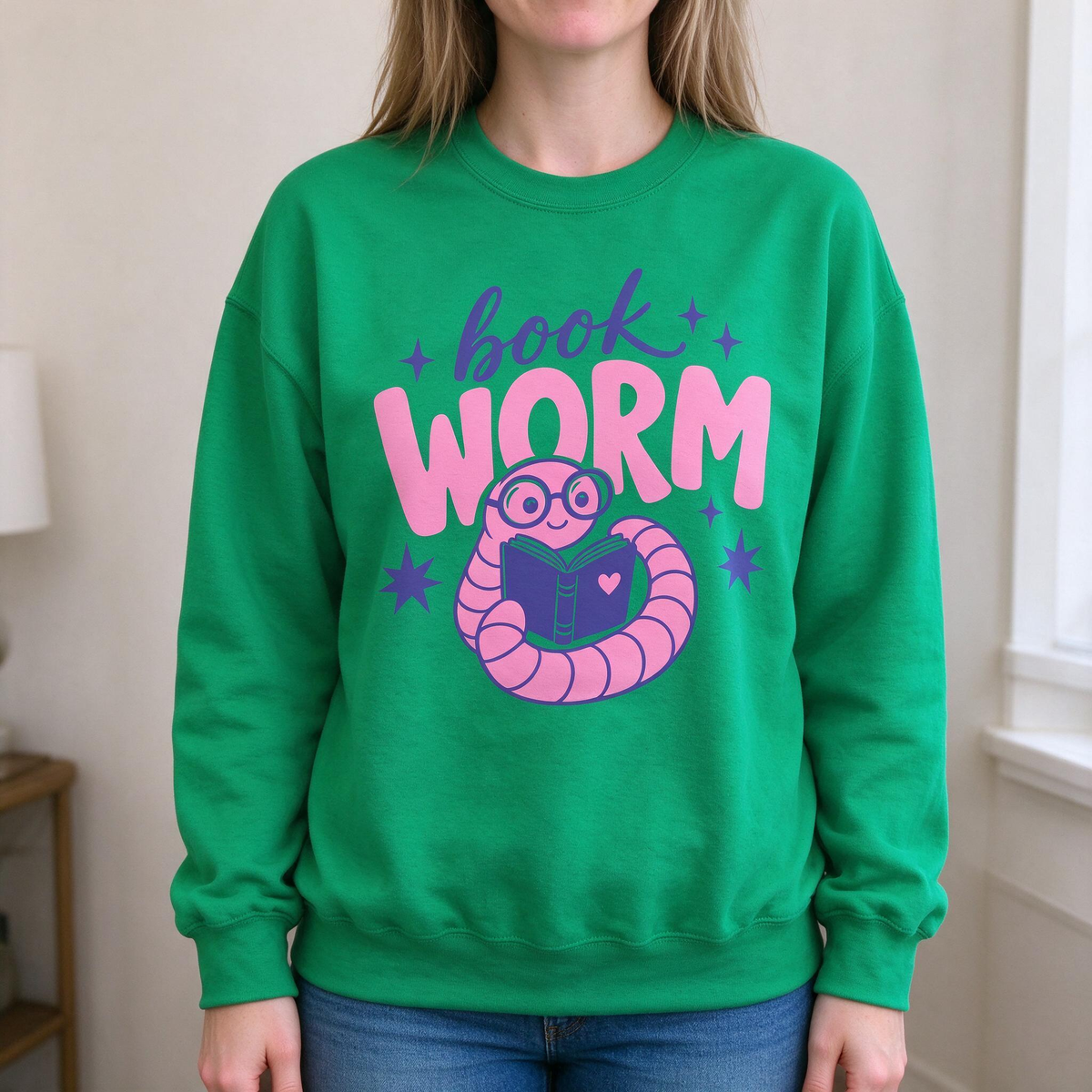 Model wearing the Book Worm sweatshirt in Irish Green