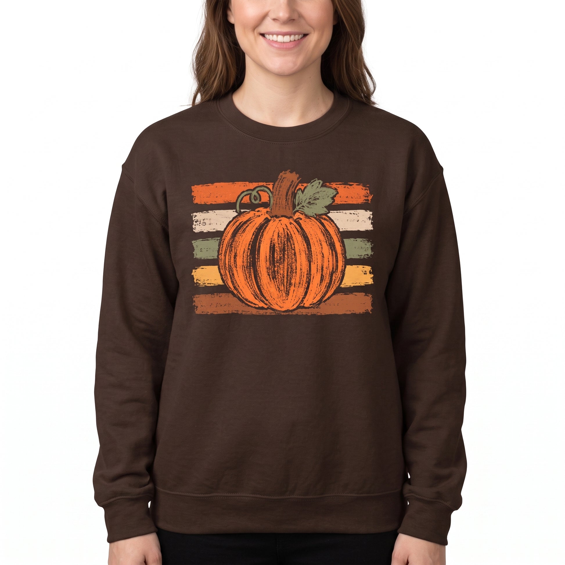Model wearing the Brushstroke Pumpkin sweatshirt in Dark Chocolate