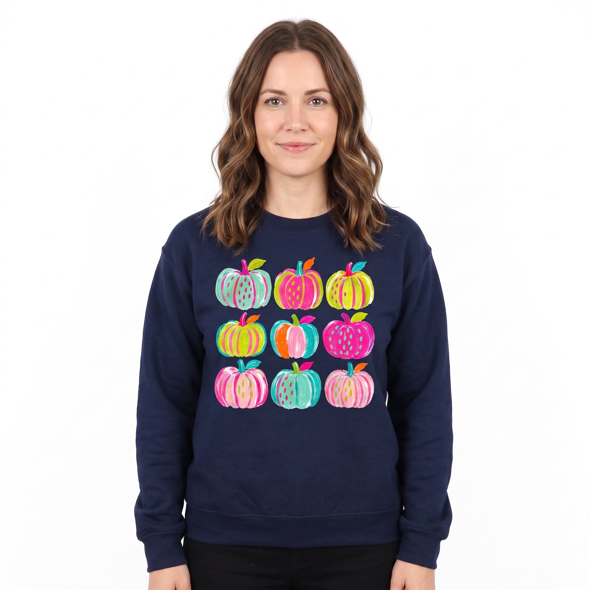 Model wearing the Brushstroke Pumpkins sweatshirt in Navy