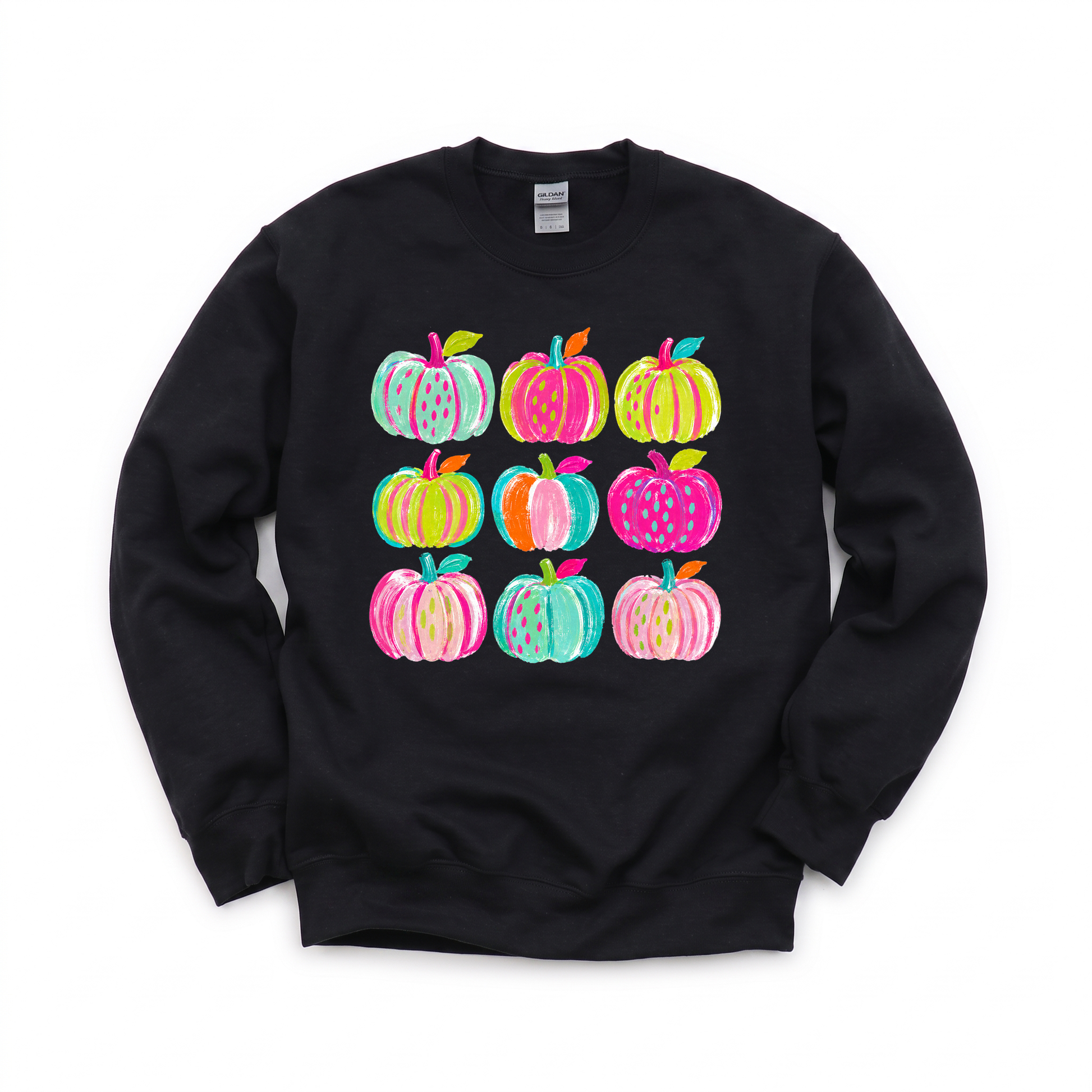 Brushstroke Pumpkins graphic on Gildan 18000 in Black