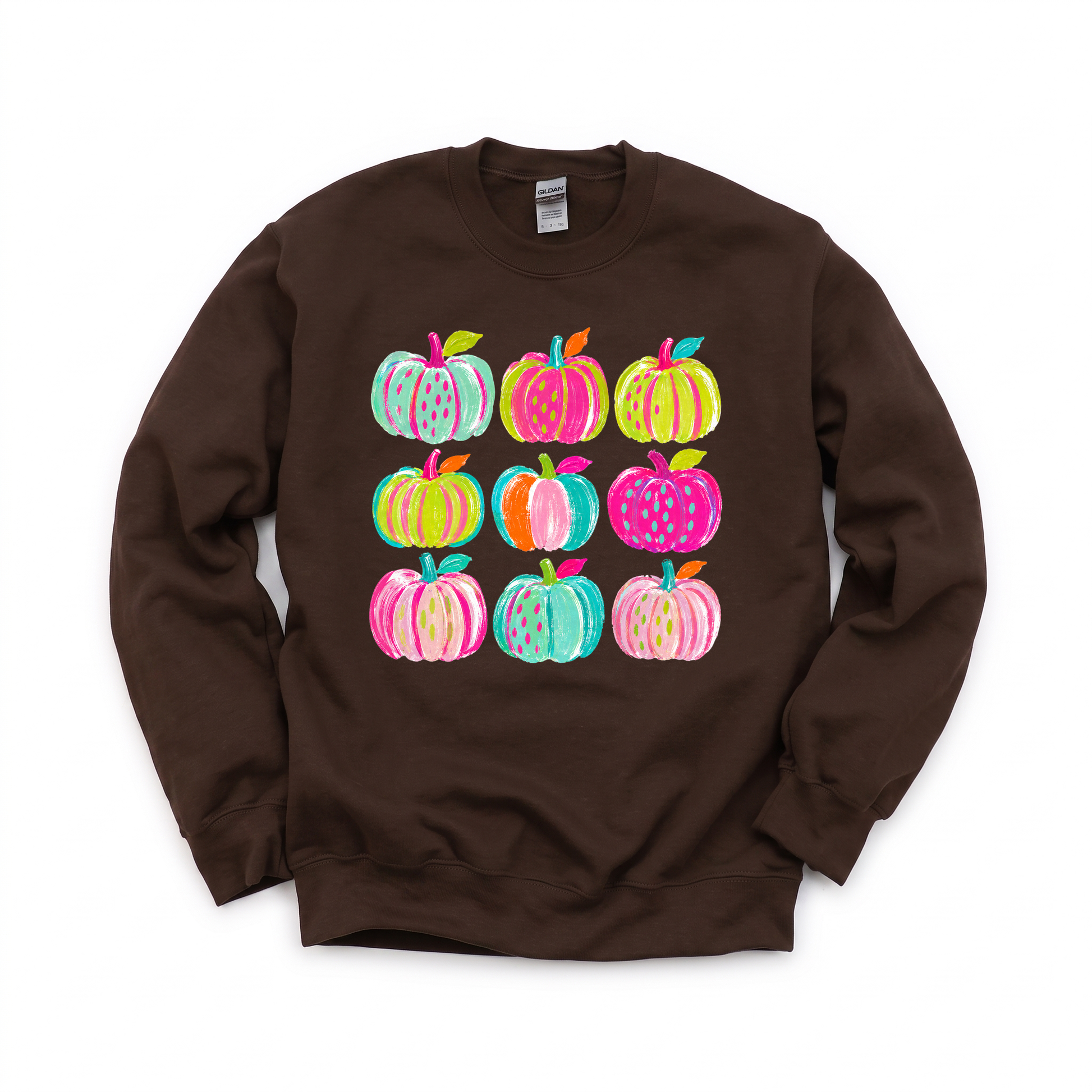 Brushstroke Pumpkins graphic on Gildan 18000 in Dark Chocolate