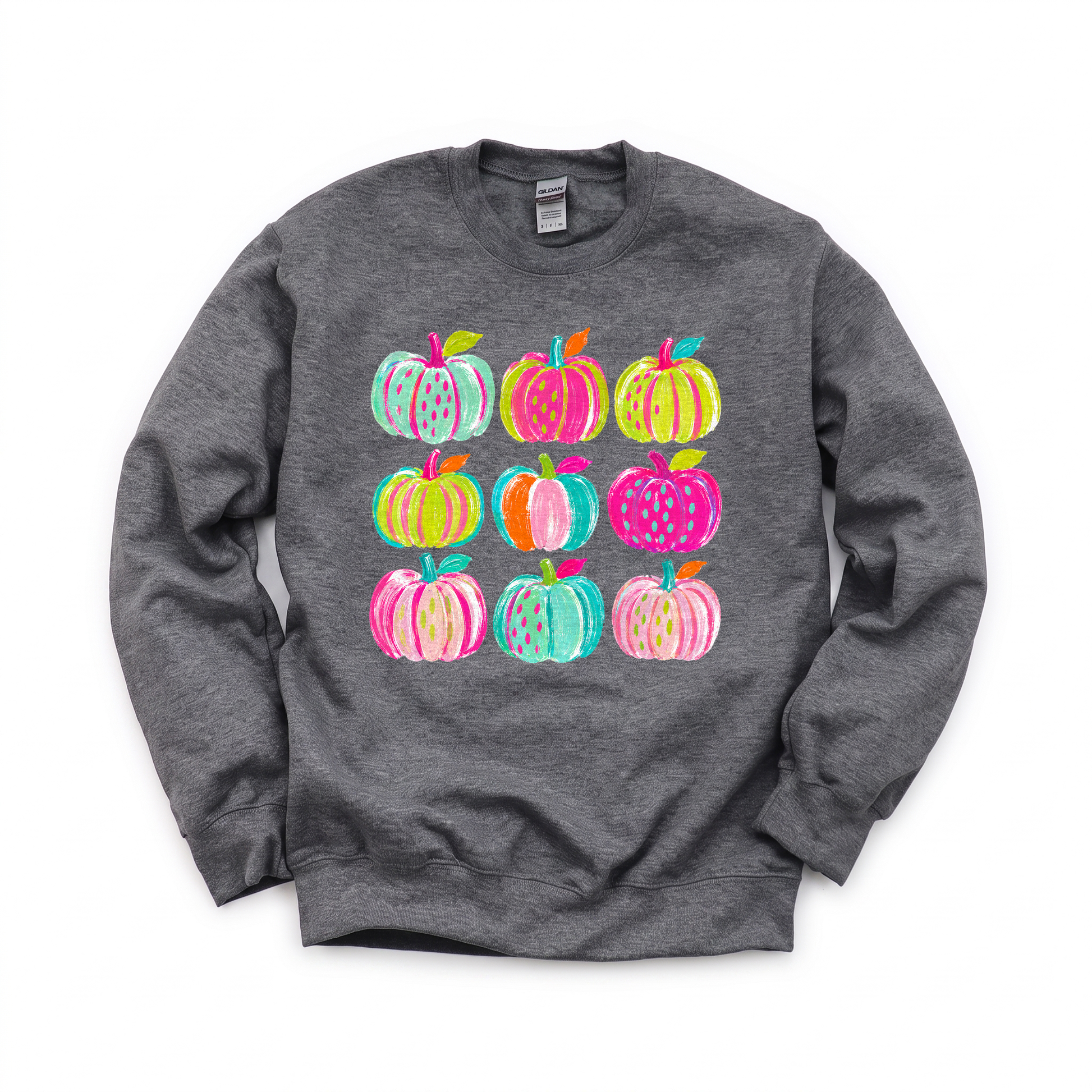 Brushstroke Pumpkins graphic on Gildan 18000 in Dark Heather