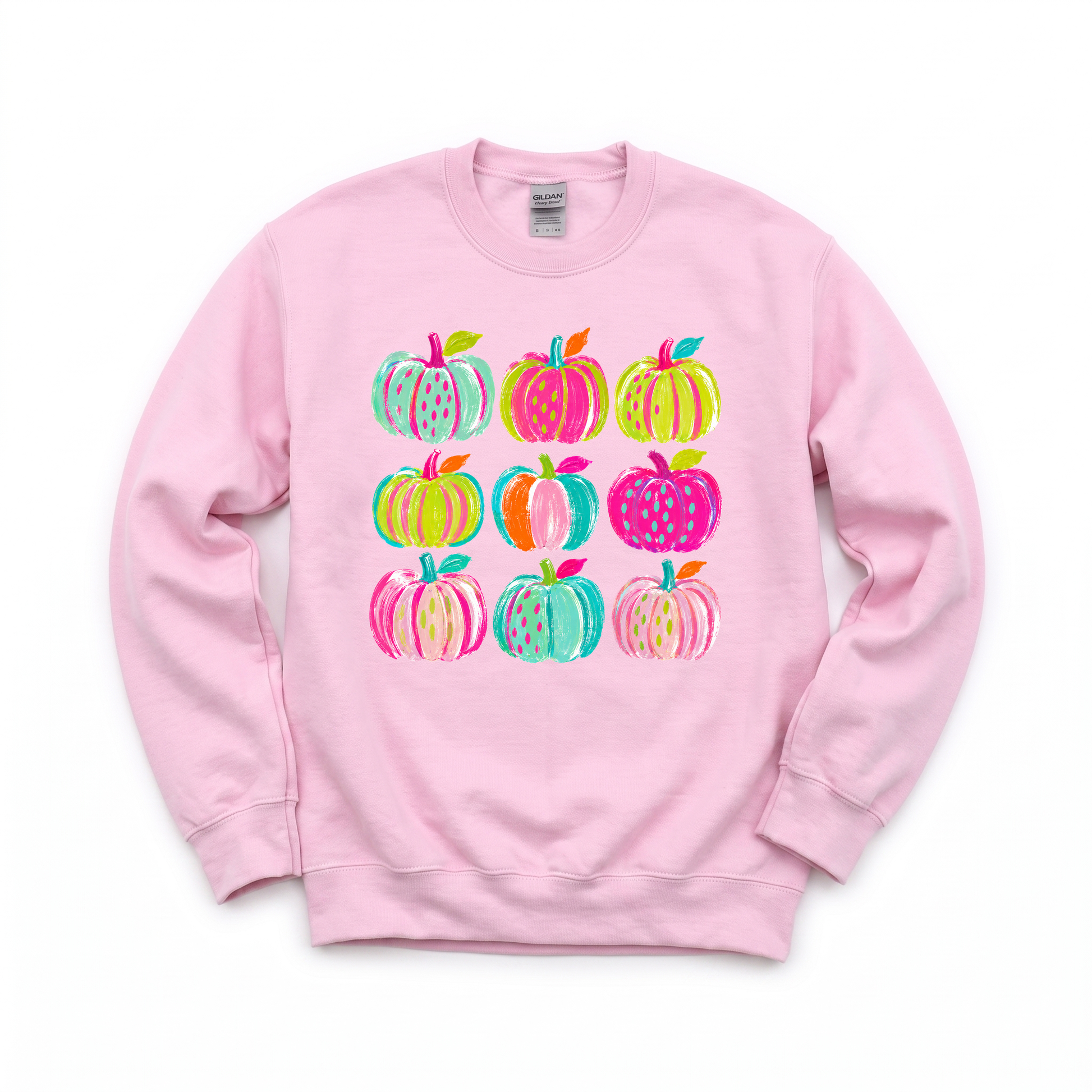 Brushstroke Pumpkins graphic on Gildan 18000 in Light Pink