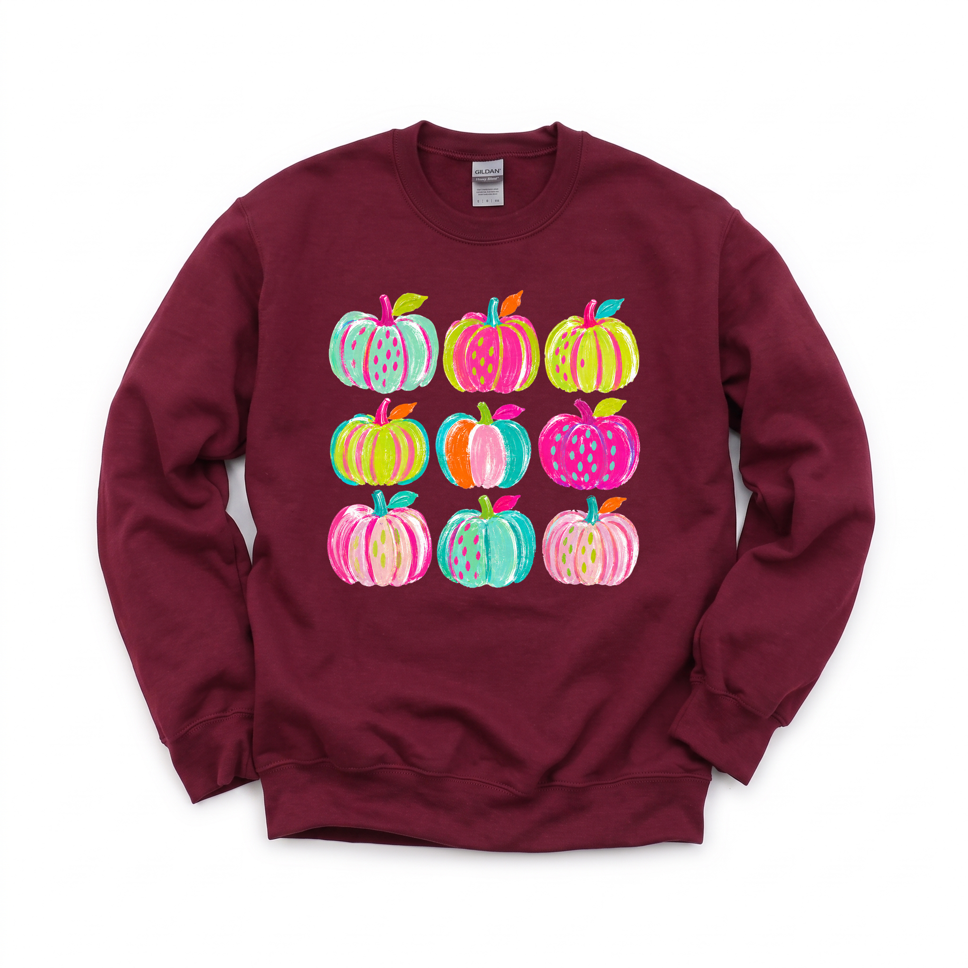 Brushstroke Pumpkins graphic on Gildan 18000 in Maroon