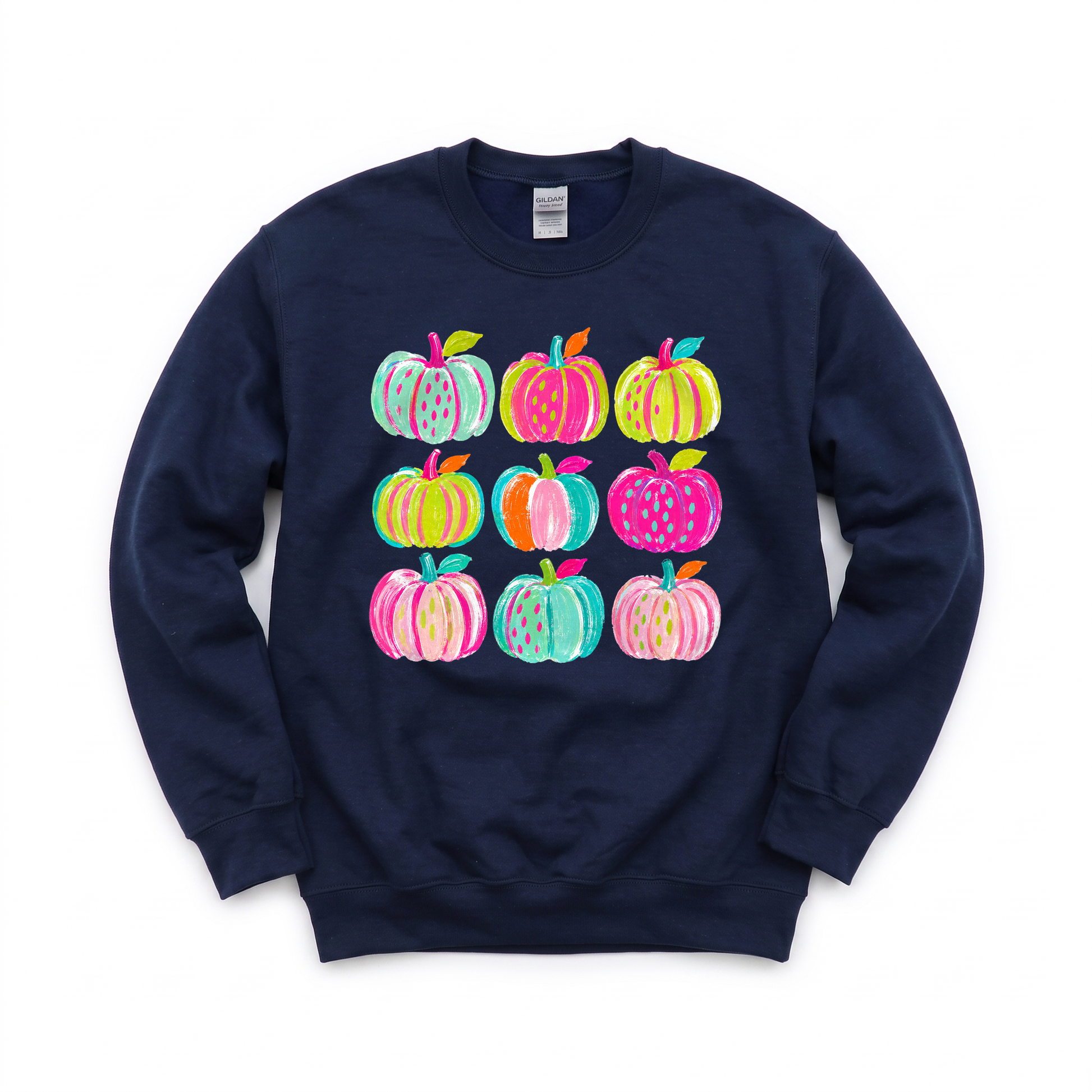 Brushstroke Pumpkins graphic on Gildan 18000 in Navy