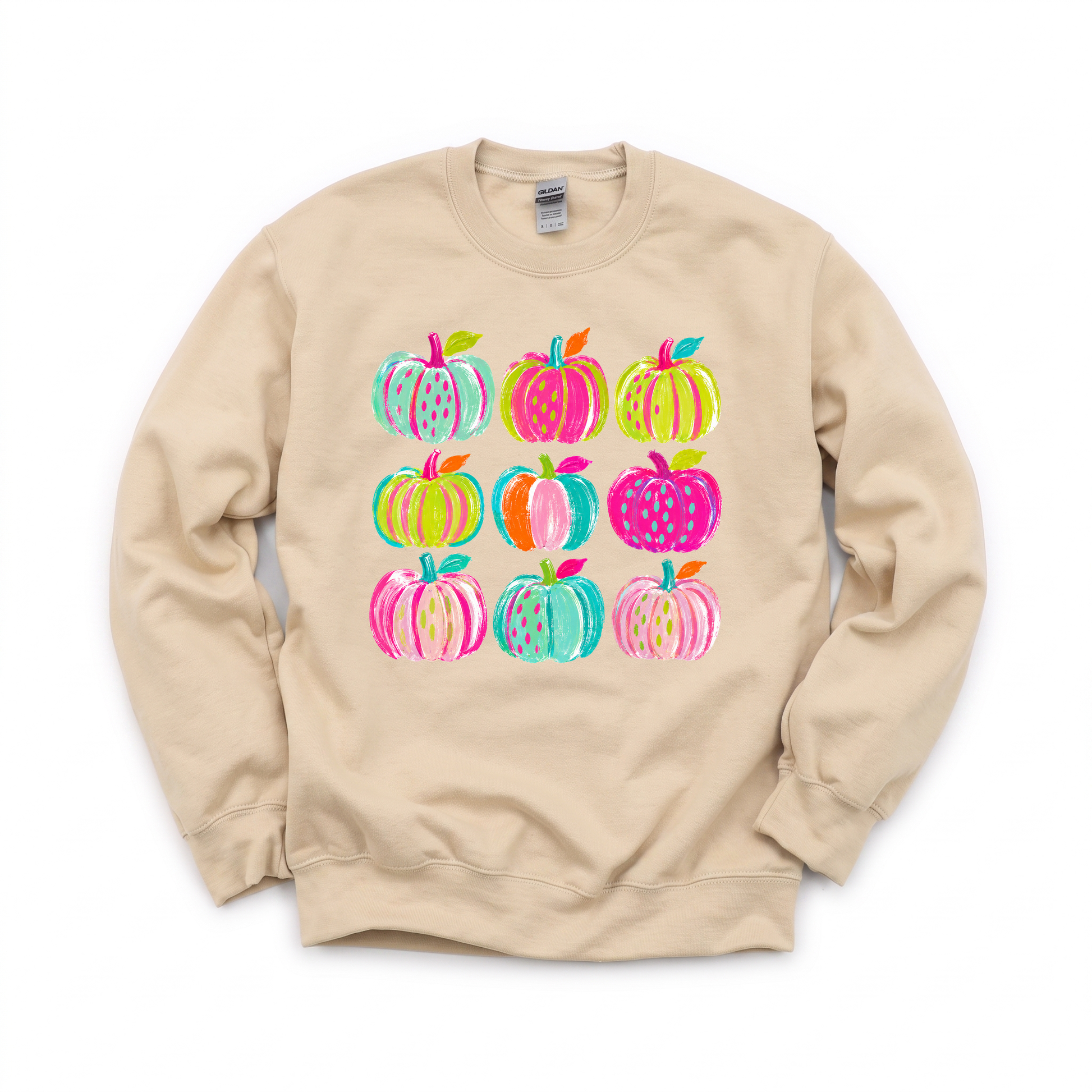 Brushstroke Pumpkins graphic on Gildan 18000 in Sand