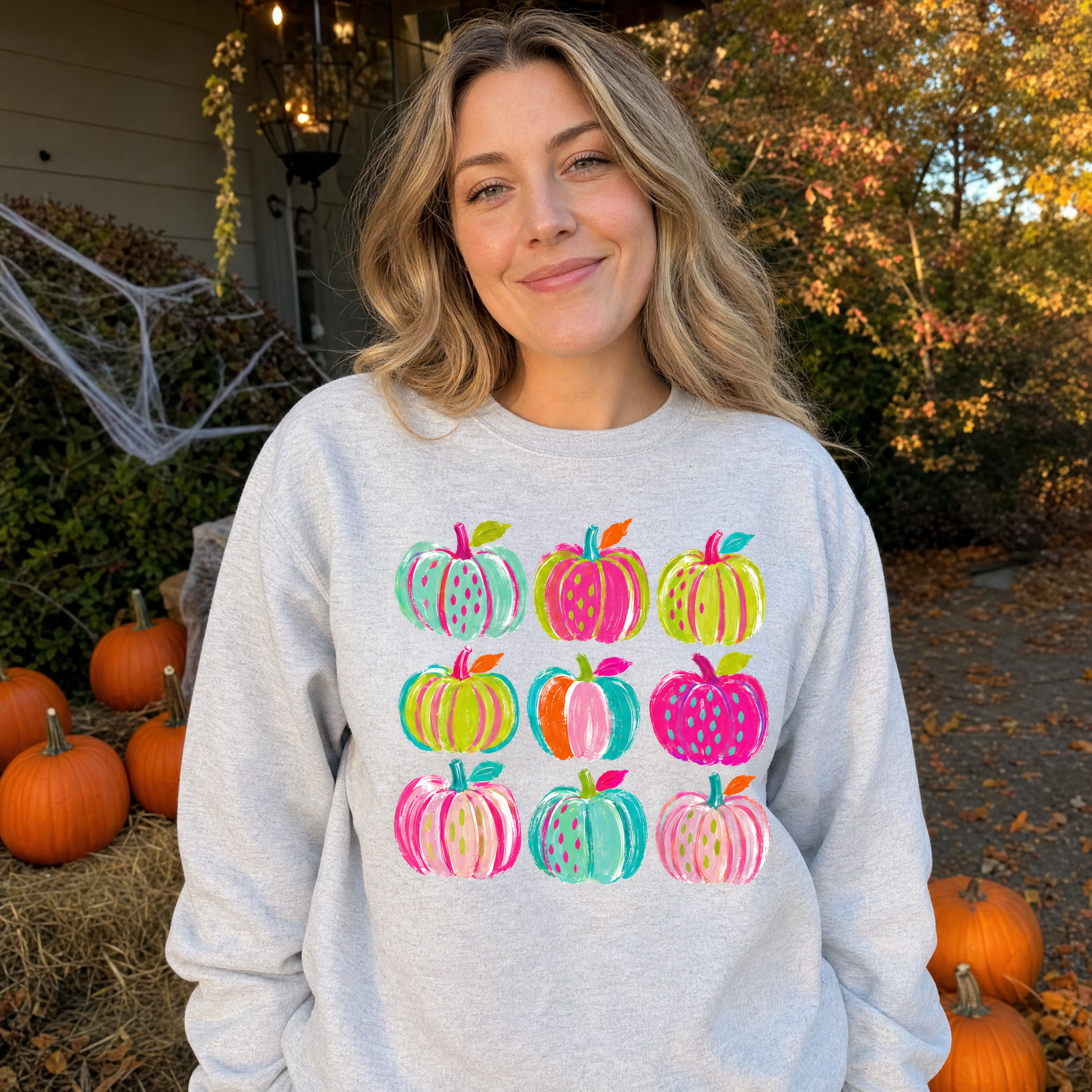 Model wearing the Brushstroke Pumpkins sweatshirt in Ash