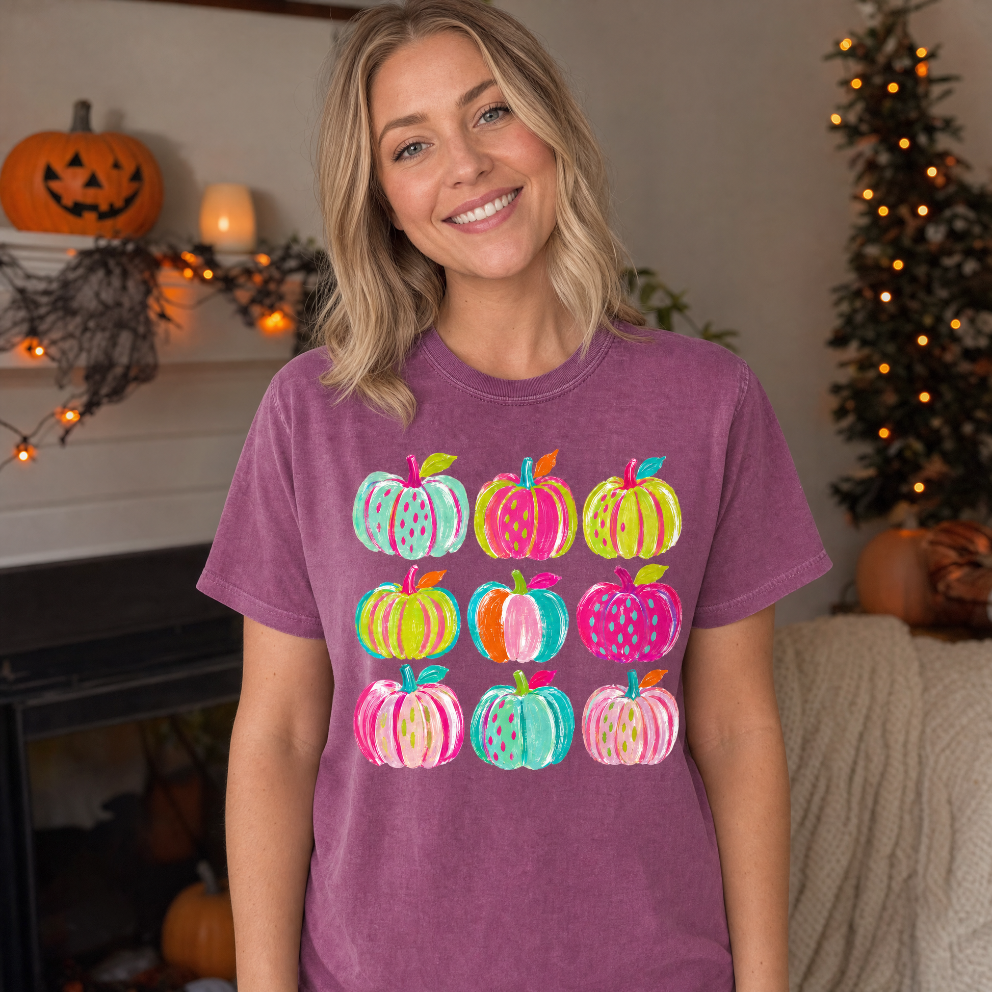 Model wearing the Brushstroke Pumpkins comfort colors tee in Berry