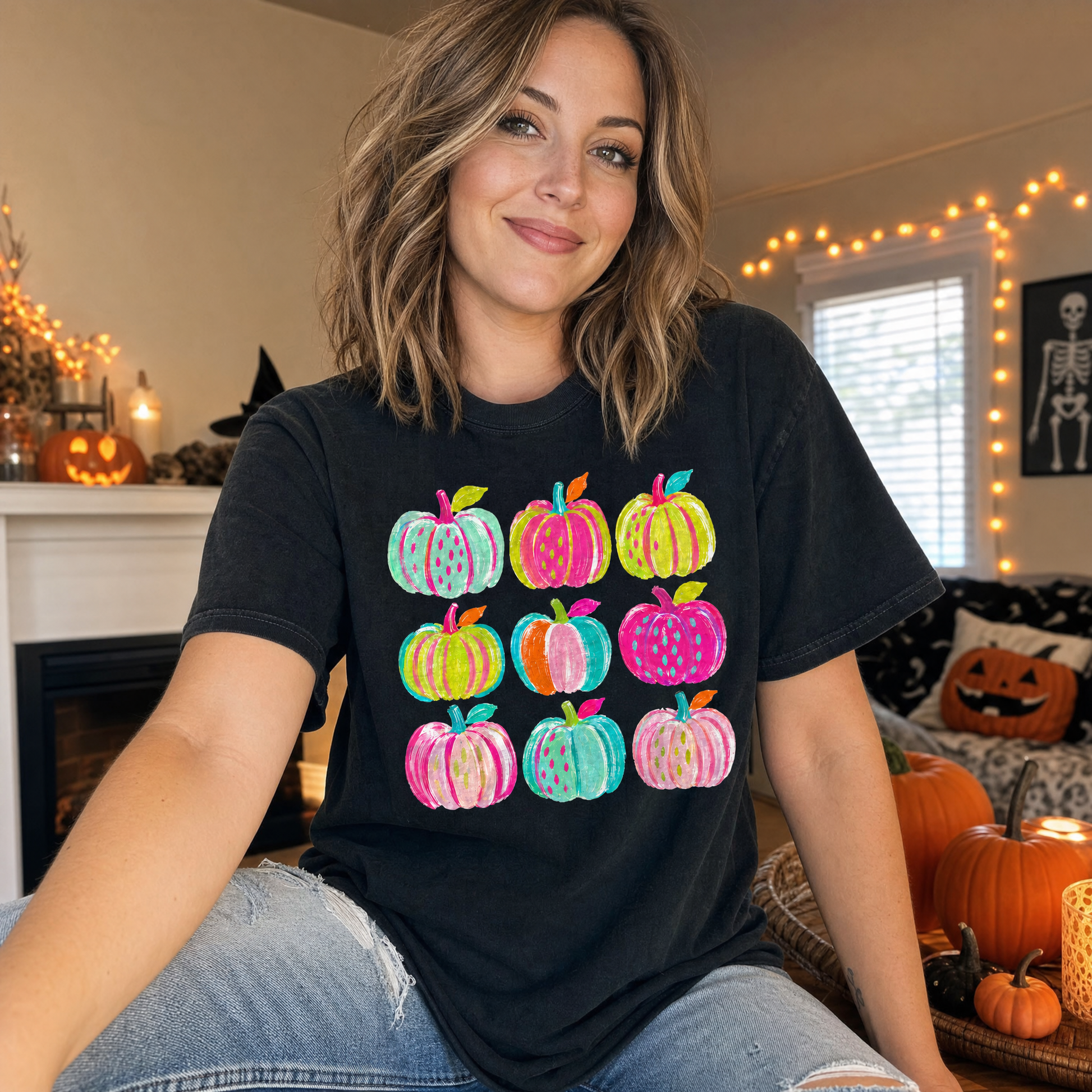 Model wearing the Brushstroke Pumpkins comfort colors tee in Black