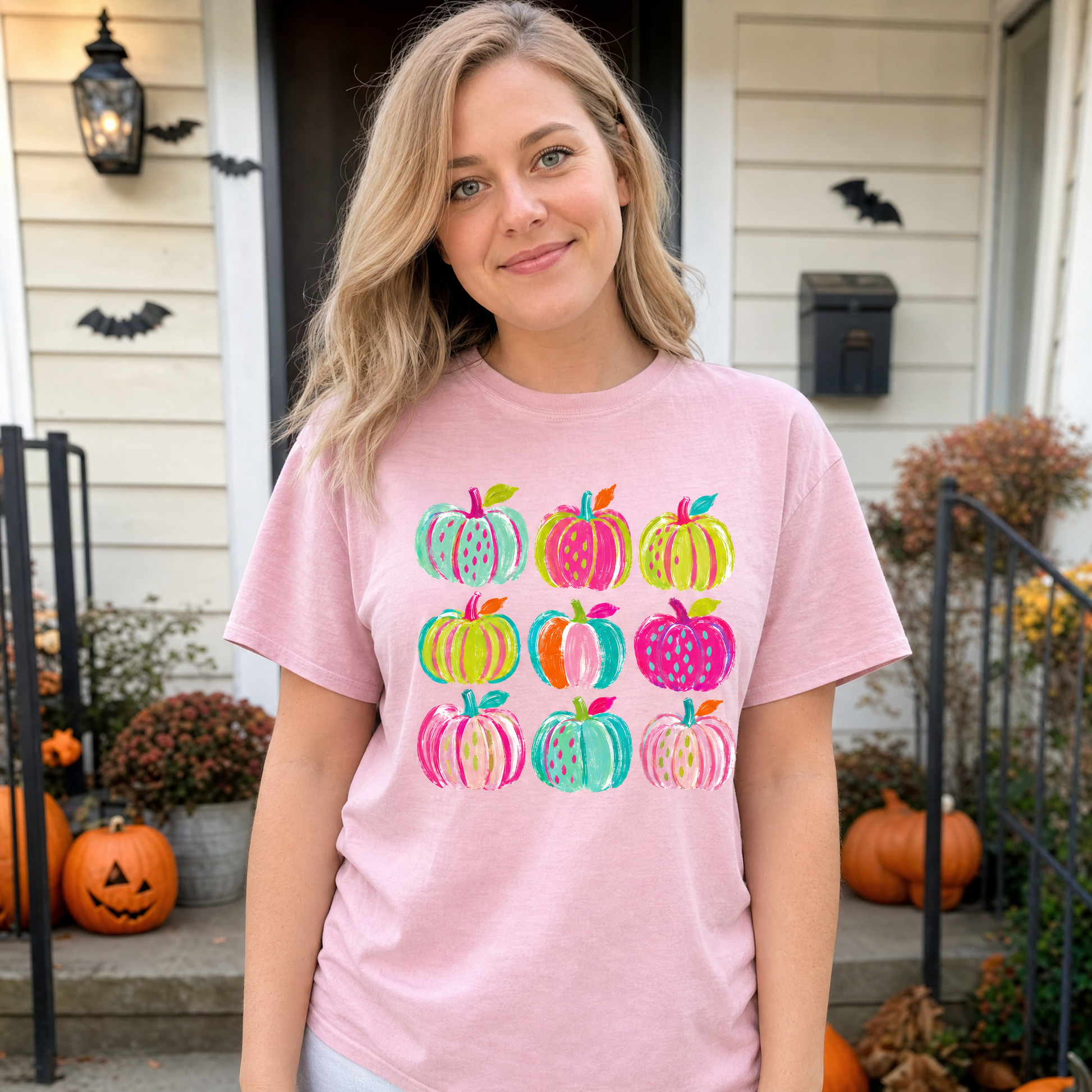 Model wearing the Brushstroke Pumpkins comfort colors tee in Blossom