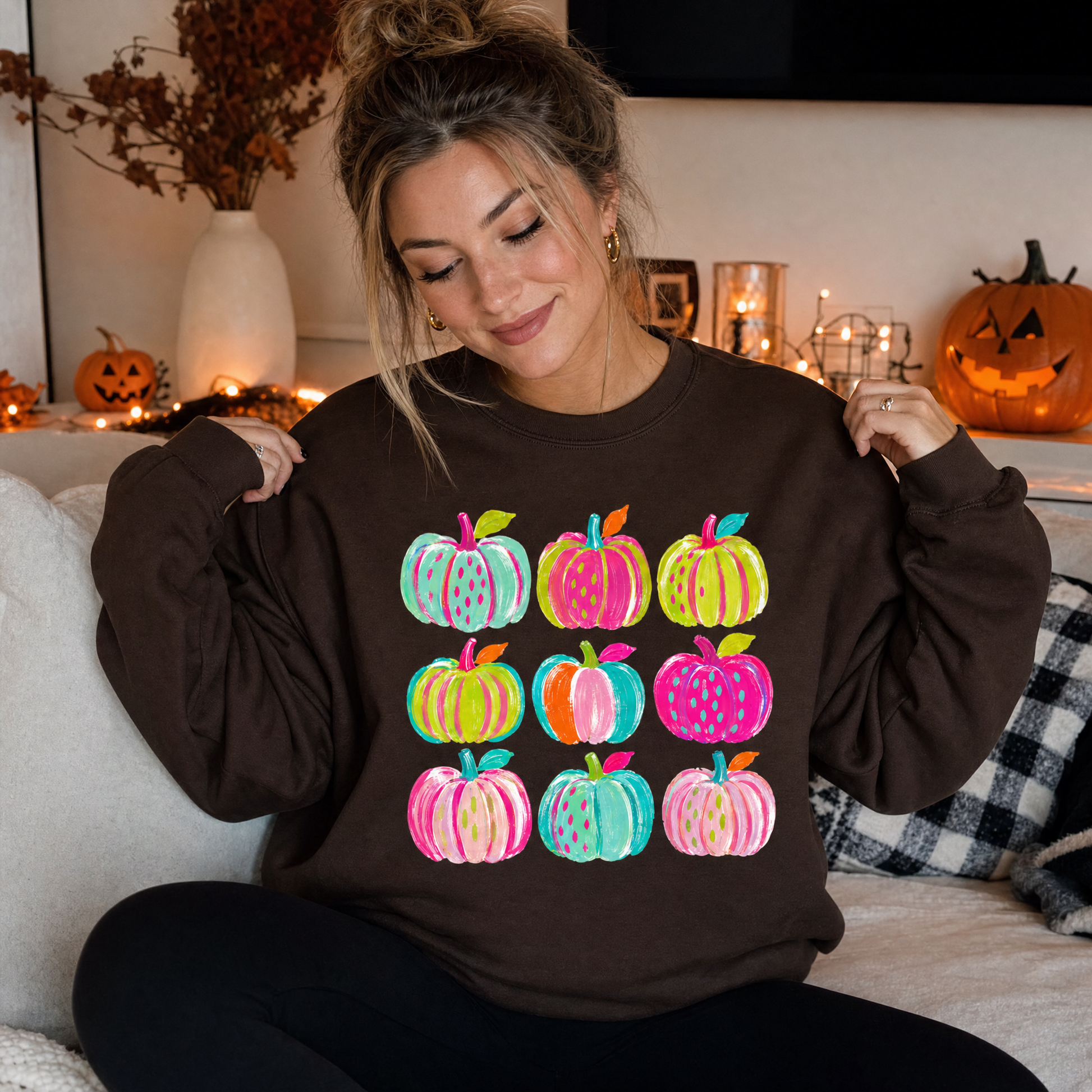 Model wearing the Brushstroke Pumpkins sweatshirt in Dark Chocolate