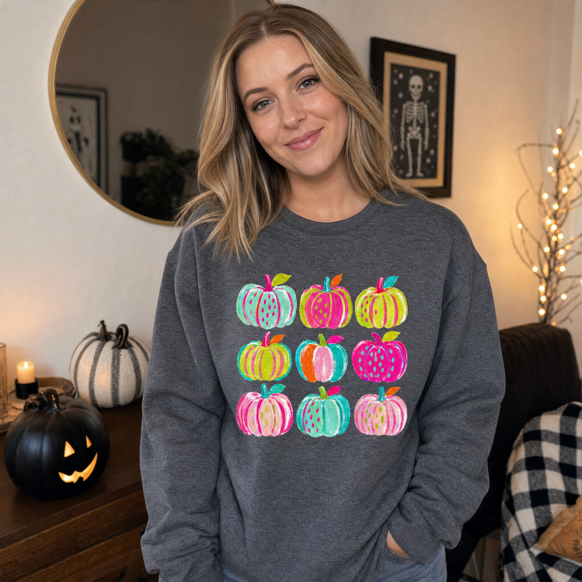 Model wearing the Brushstroke Pumpkins sweatshirt in Dark Heather