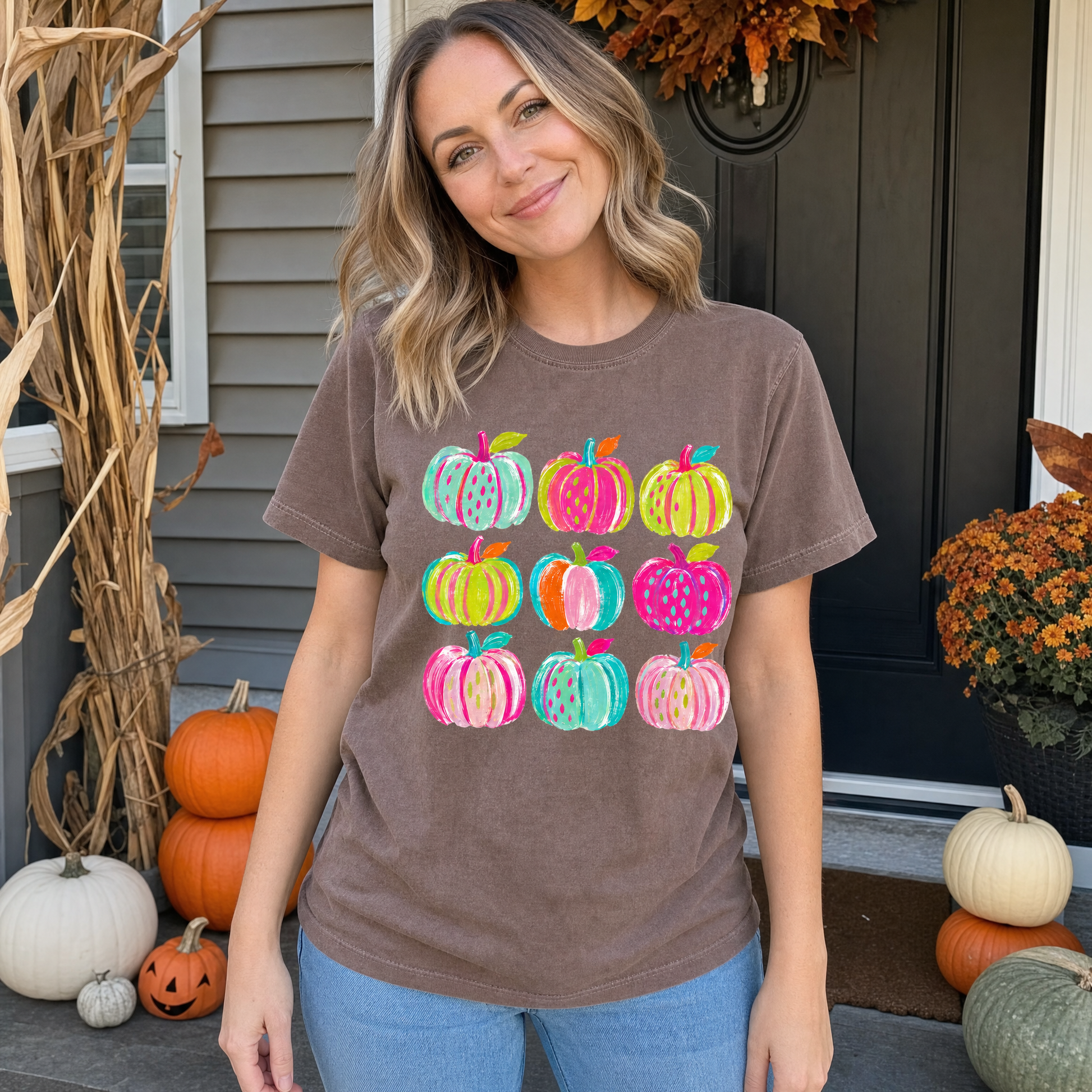 Model wearing the Brushstroke Pumpkins comfort colors tee in Espresso