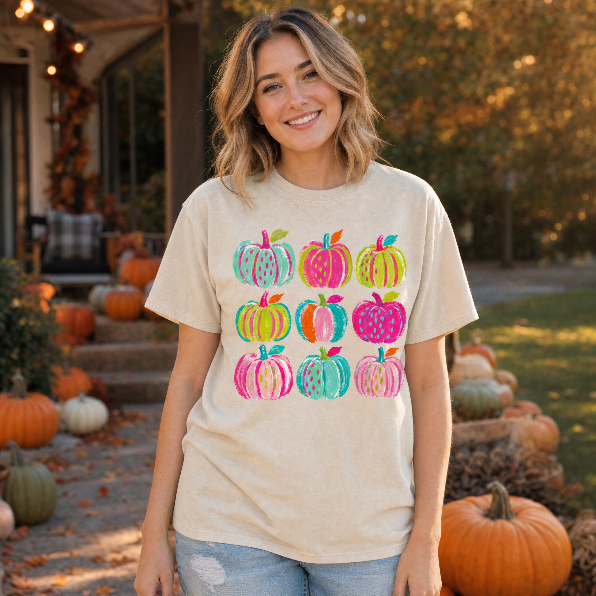 Model wearing the Brushstroke Pumpkins comfort colors tee in Ivory